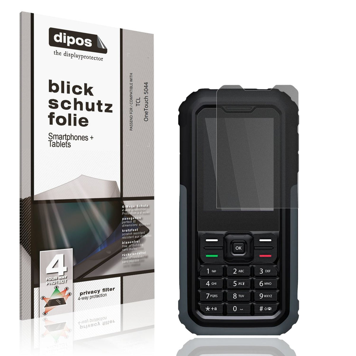 Blickschutzfolie von dipos passend für TCL OneTouch 5044, präziser Zuschnitt und blasenfrei montiert