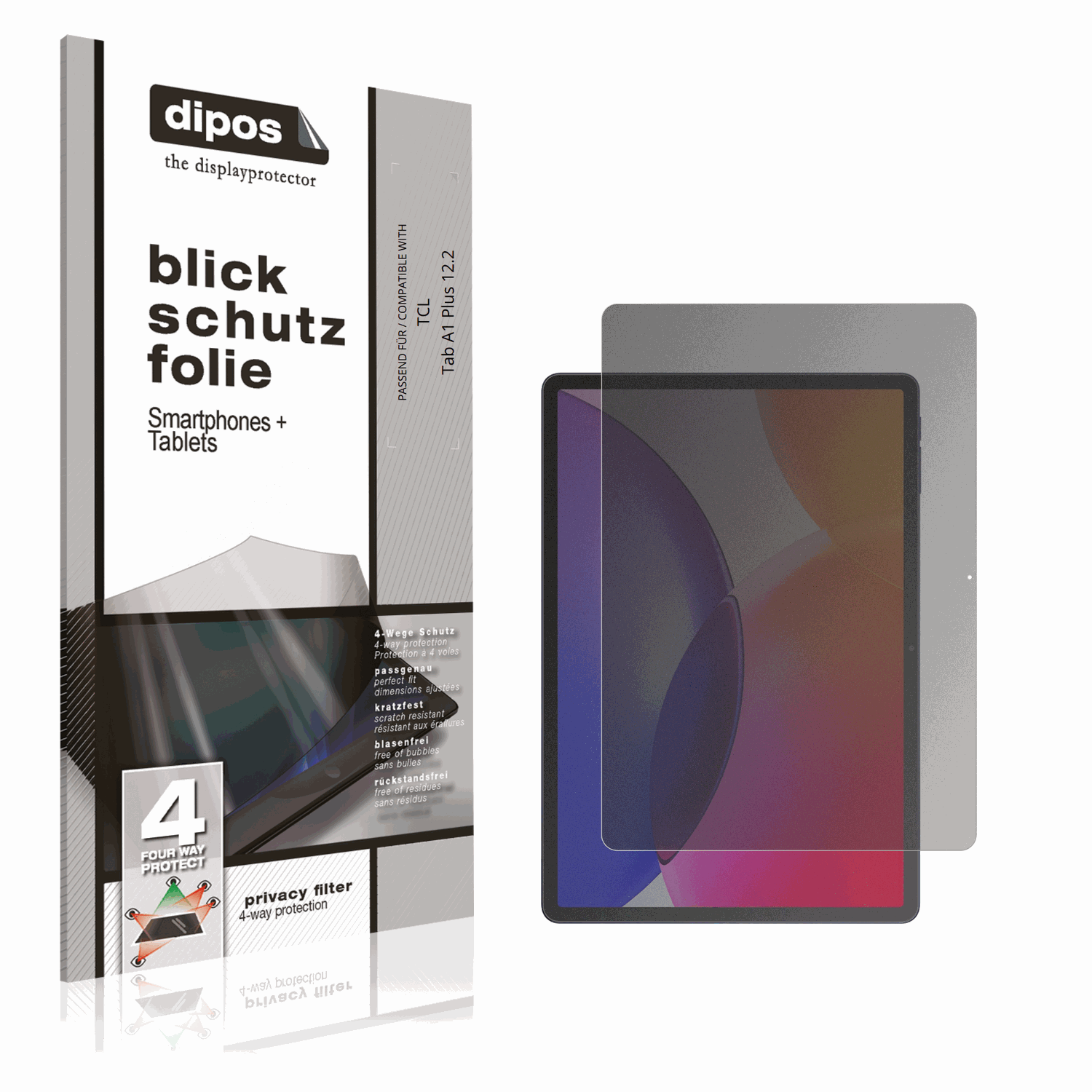 Blickschutzfolie von dipos passend für TCL Tab A1 Plus 12.2, präziser Zuschnitt und blasenfrei montiert