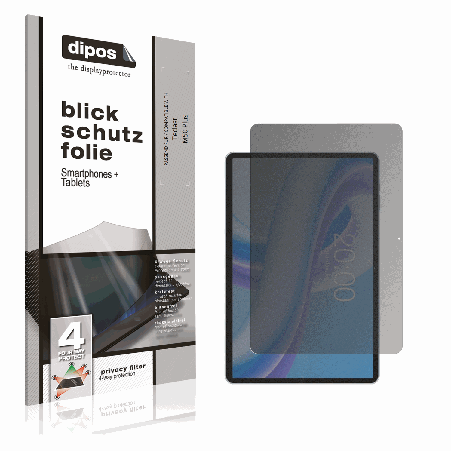 Blickschutzfolie von dipos passend für Teclast M50 Plus, präziser Zuschnitt und blasenfrei montiert
