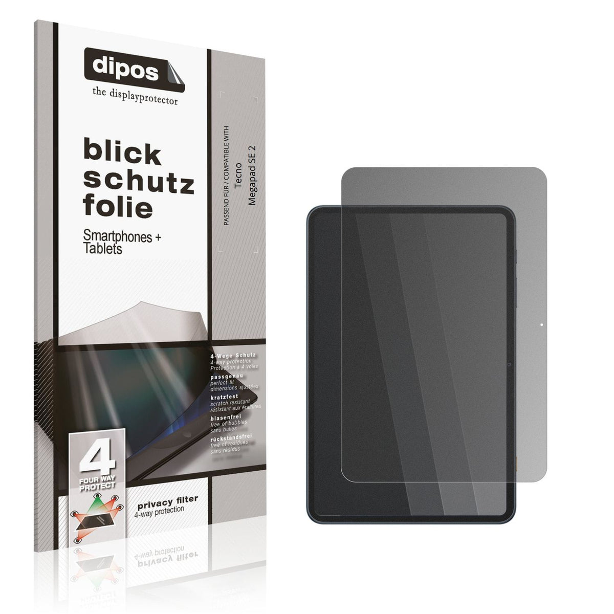 Blickschutzfolie von dipos passend für Tecno Megapad SE 2, präziser Zuschnitt und blasenfrei montiert