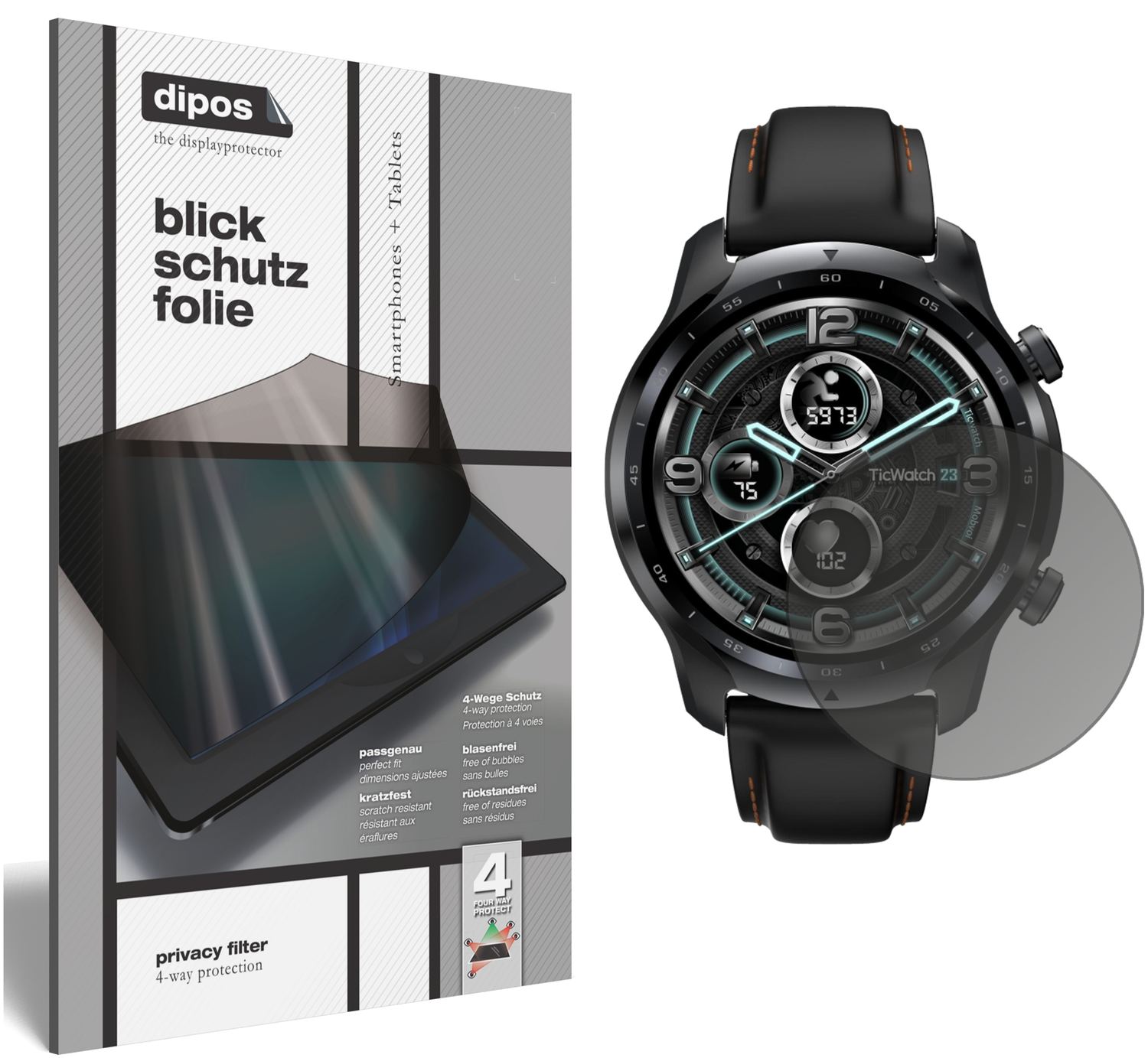 Blickschutzfolie von dipos passend für TicWatch Pro 3 GPS, präziser Zuschnitt und blasenfrei montiert
