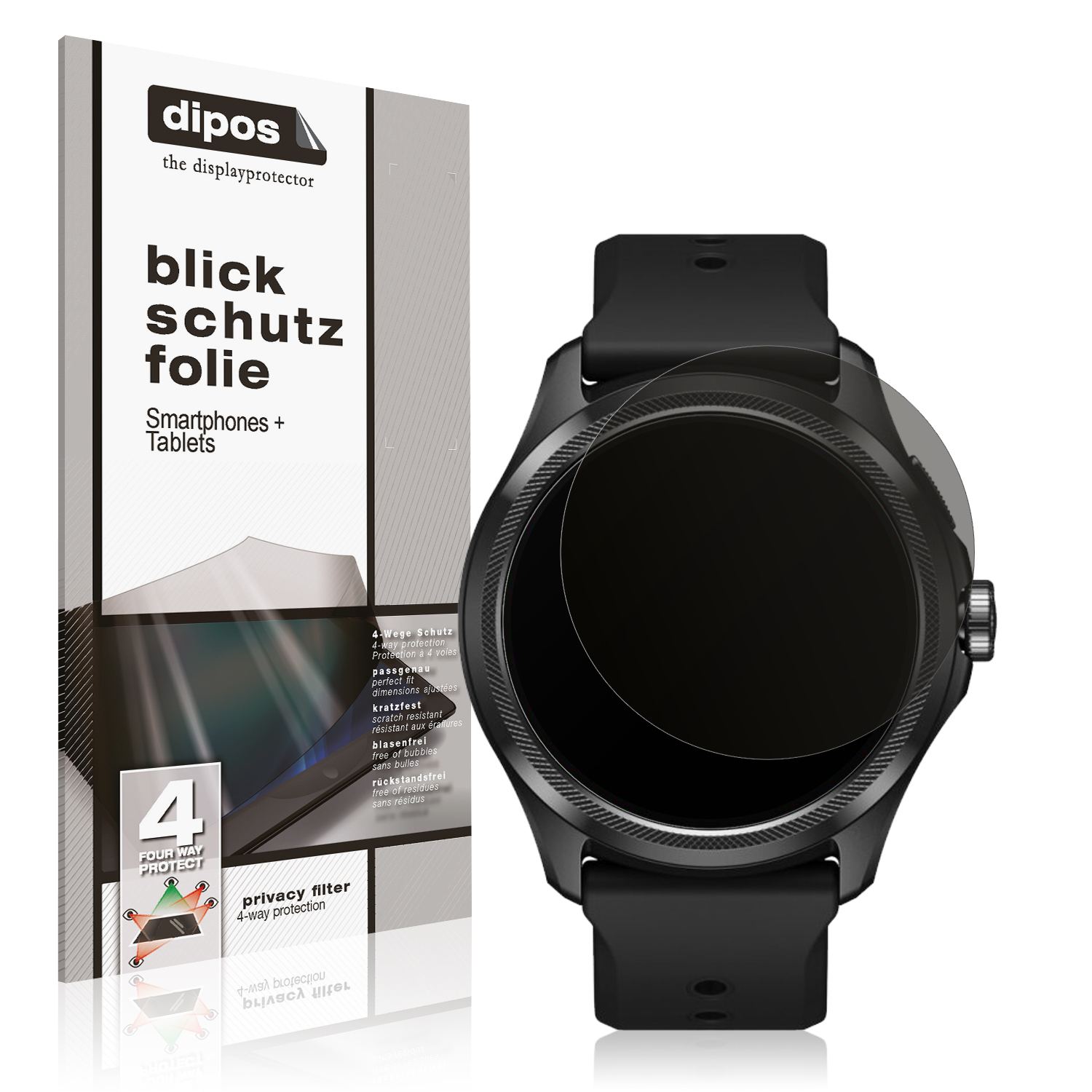 Blickschutzfolie von dipos passend für Ticwatch Pro 5, präziser Zuschnitt und blasenfrei montiert