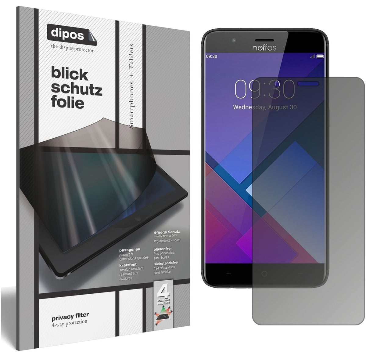Blickschutzfolie von dipos passend für TP-Link Neffos P1, präziser Zuschnitt und blasenfrei montiert