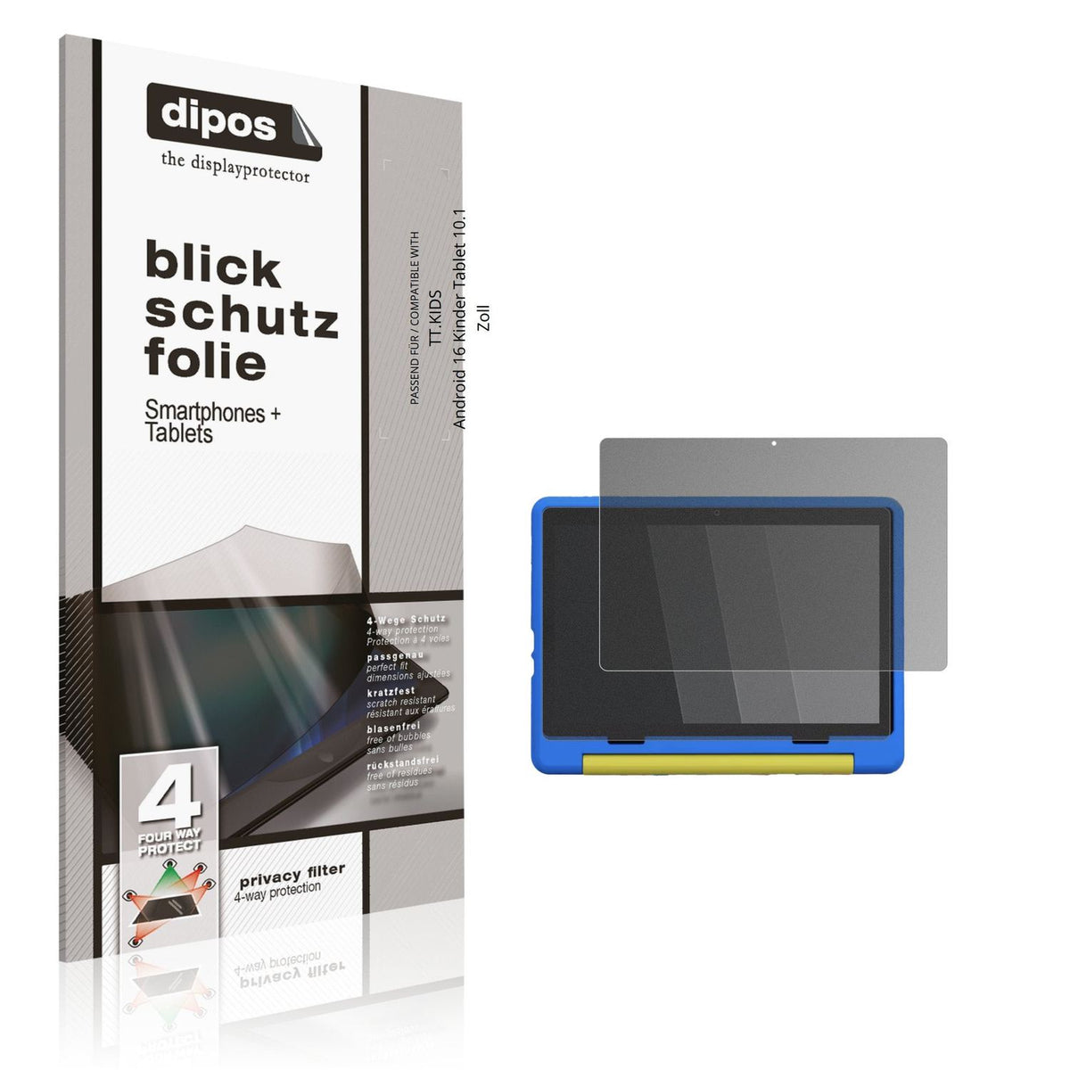 Blickschutzfolie von dipos passend für TT.KIDS Android 16 Kinder Tablet 10.1 Zoll, präziser Zuschnitt und blasenfrei montiert