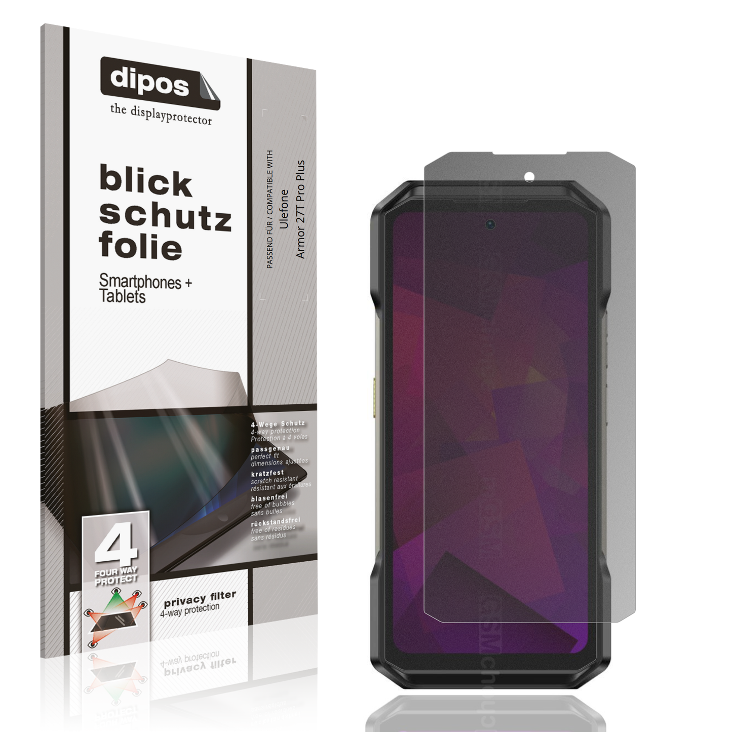 Blickschutzfolie von dipos passend für Ulefone Armor 27T Pro Plus, präziser Zuschnitt und blasenfrei montiert