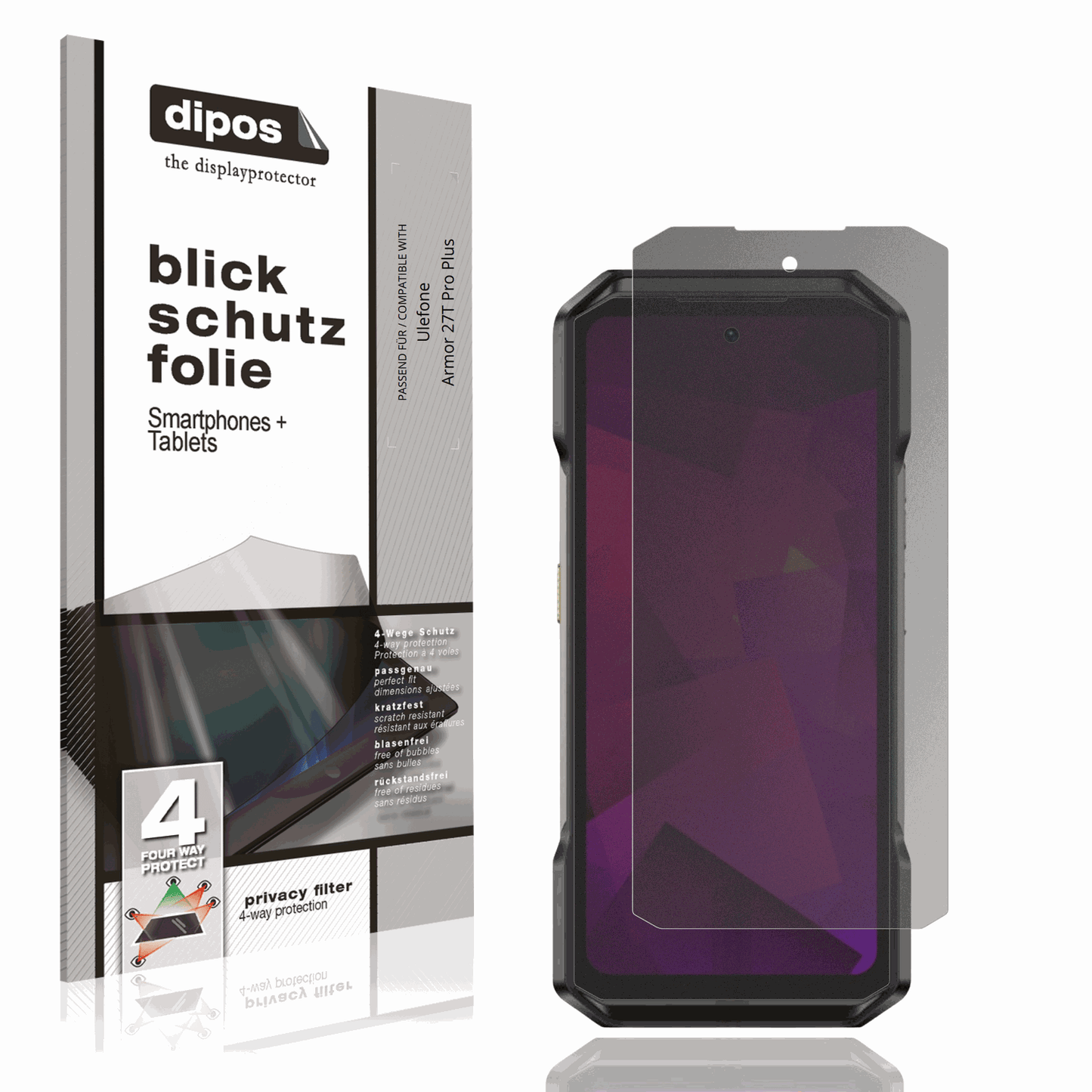 Blickschutzfolie von dipos passend für Ulefone Armor 27T Pro Plus, präziser Zuschnitt und blasenfrei montiert