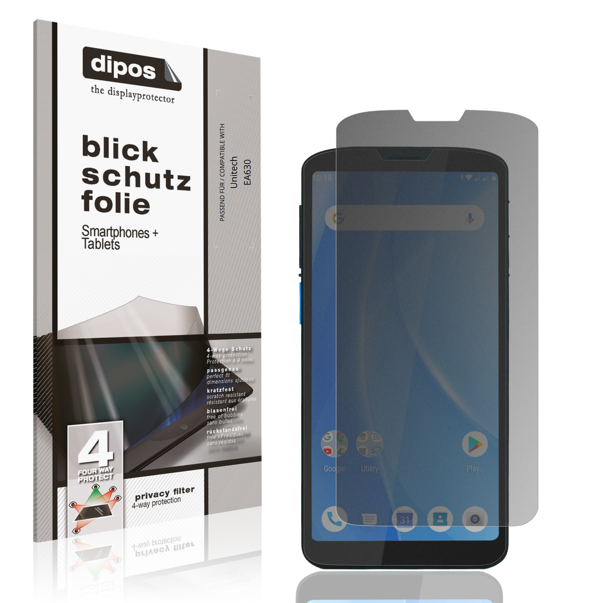 Blickschutzfolie von dipos passend für Unitech EA630, präziser Zuschnitt und blasenfrei montiert
