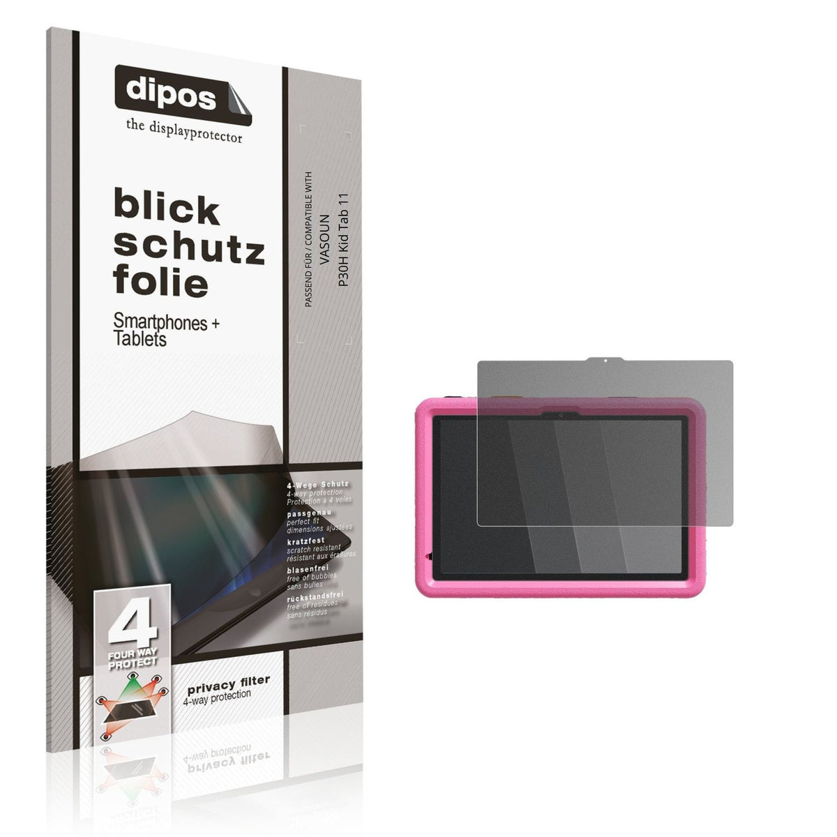 Blickschutzfolie von dipos passend für VASOUN P30H Kid Tab 11, präziser Zuschnitt und blasenfrei montiert