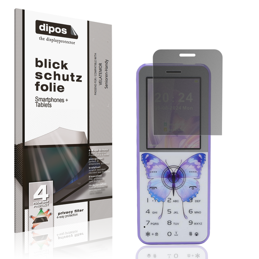 Blickschutzfolie von dipos passend für VELATEMOR Senioren-Handy, präziser Zuschnitt und blasenfrei montiert