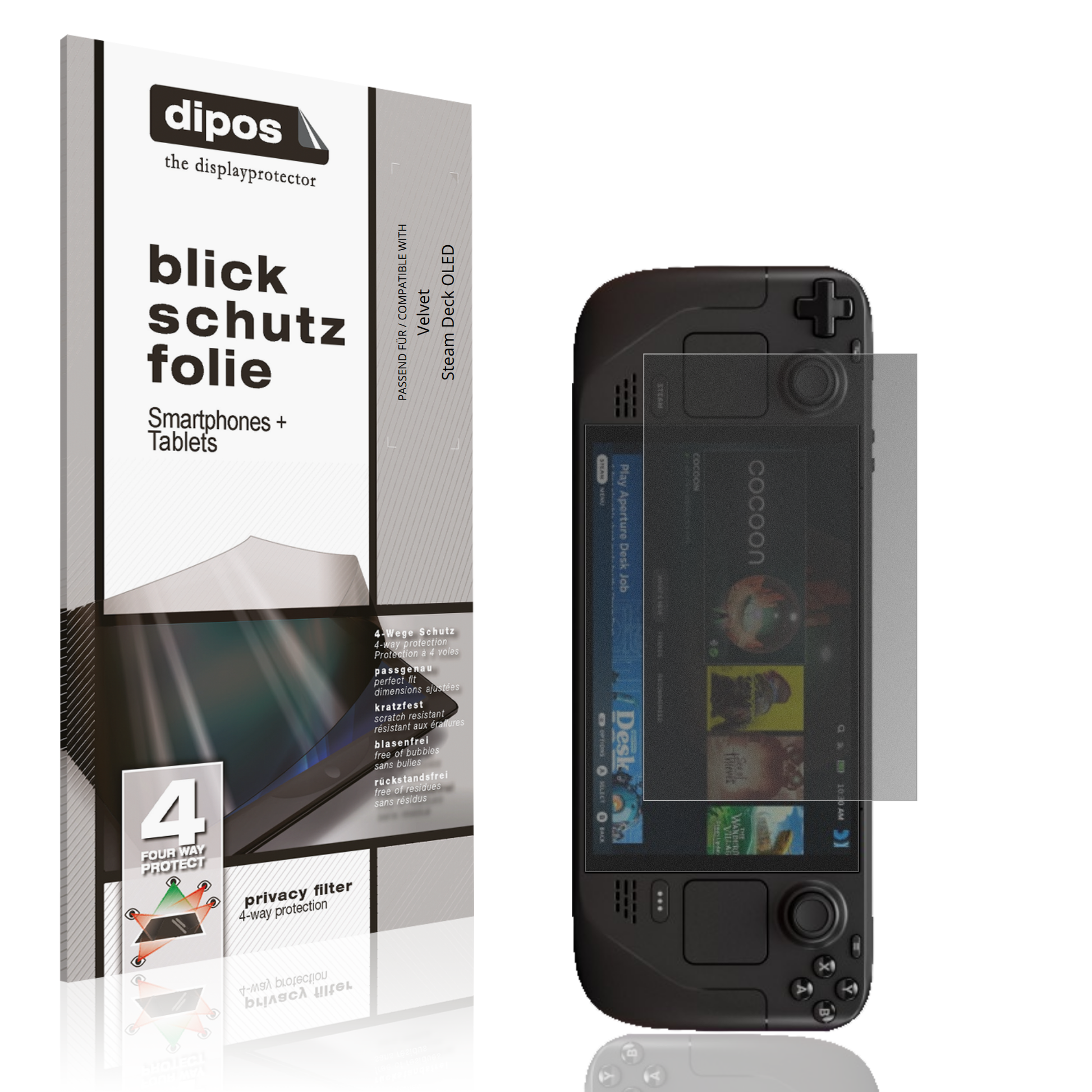 Blickschutzfolie von dipos passend für Velvet Steam Deck OLED, präziser Zuschnitt und blasenfrei montiert
