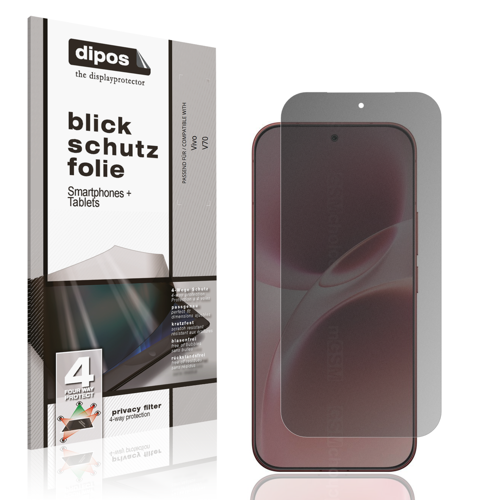Blickschutzfolie von dipos passend für Vivo V70, präziser Zuschnitt und blasenfrei montiert