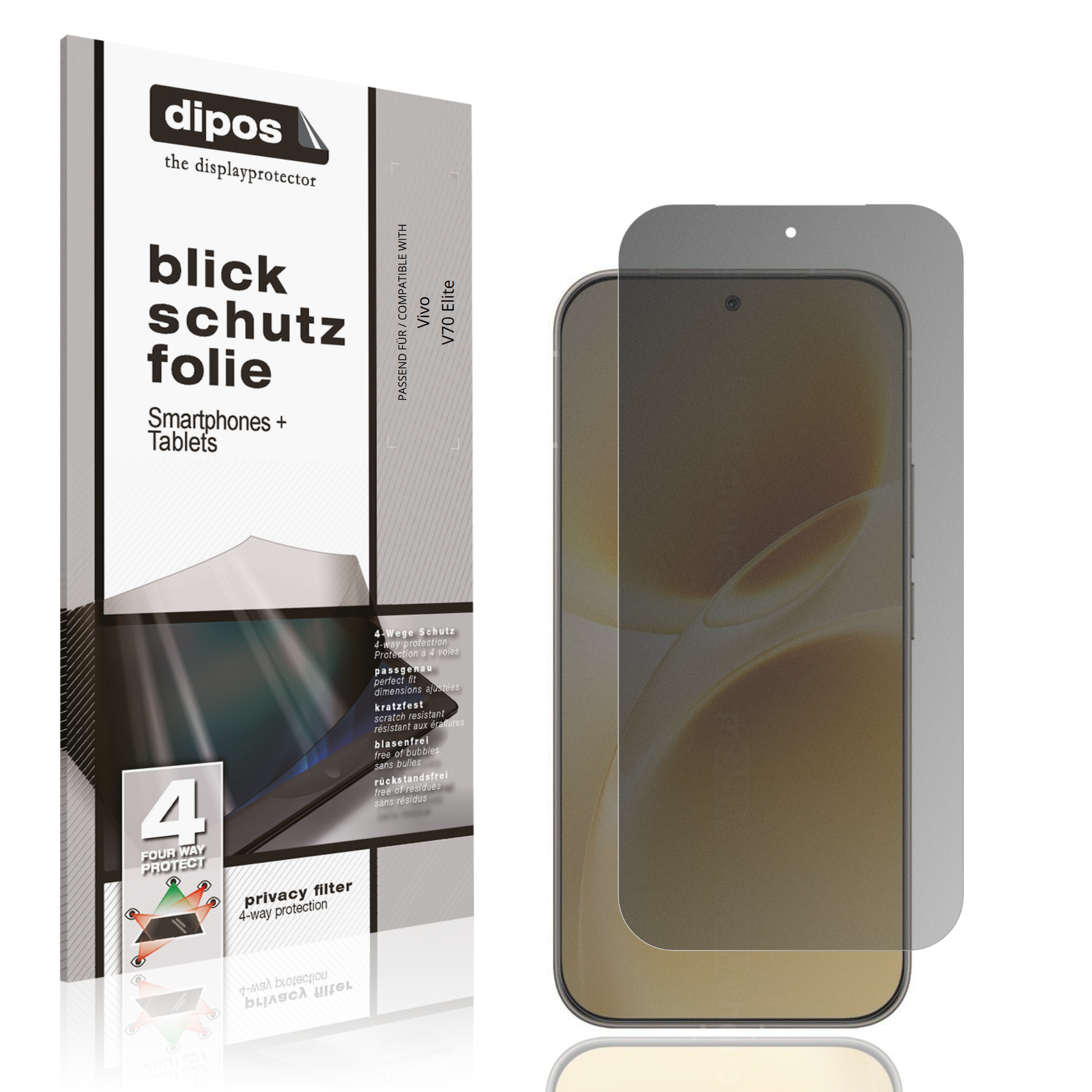 Blickschutzfolie von dipos passend für Vivo V70 Elite, präziser Zuschnitt und blasenfrei montiert