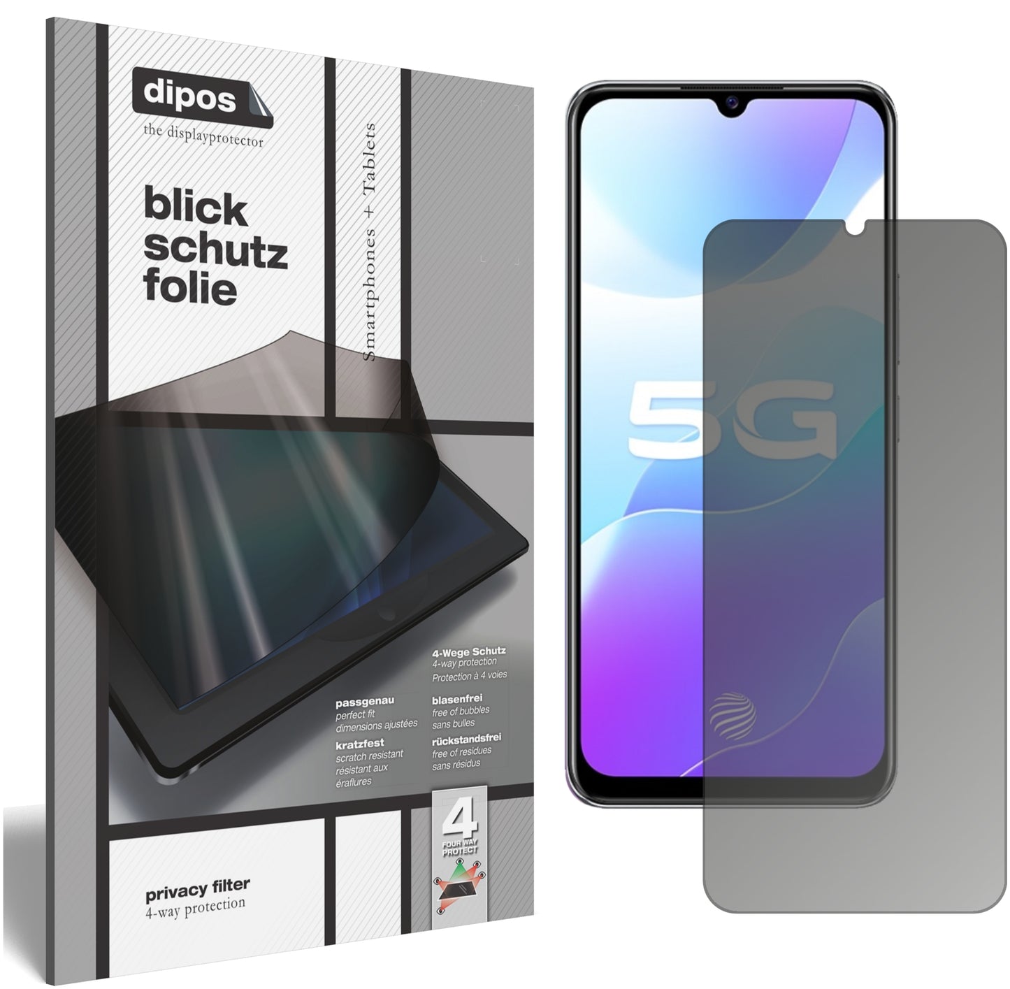 Blickschutzfolie von dipos passend für Vivo Y73s 5G, präziser Zuschnitt und blasenfrei montiert