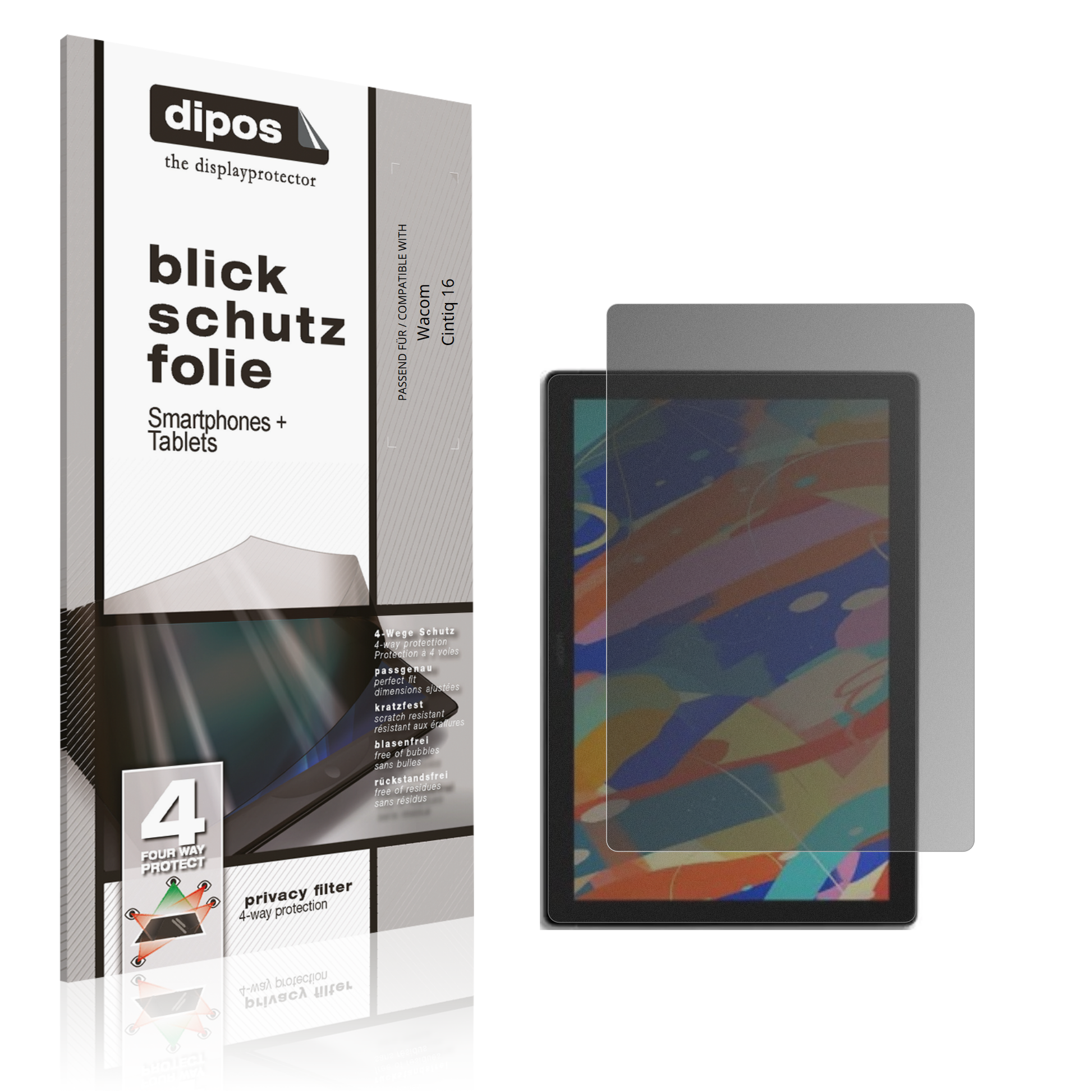 Blickschutzfolie von dipos passend für Wacom Cintiq 16, präziser Zuschnitt und blasenfrei montiert
