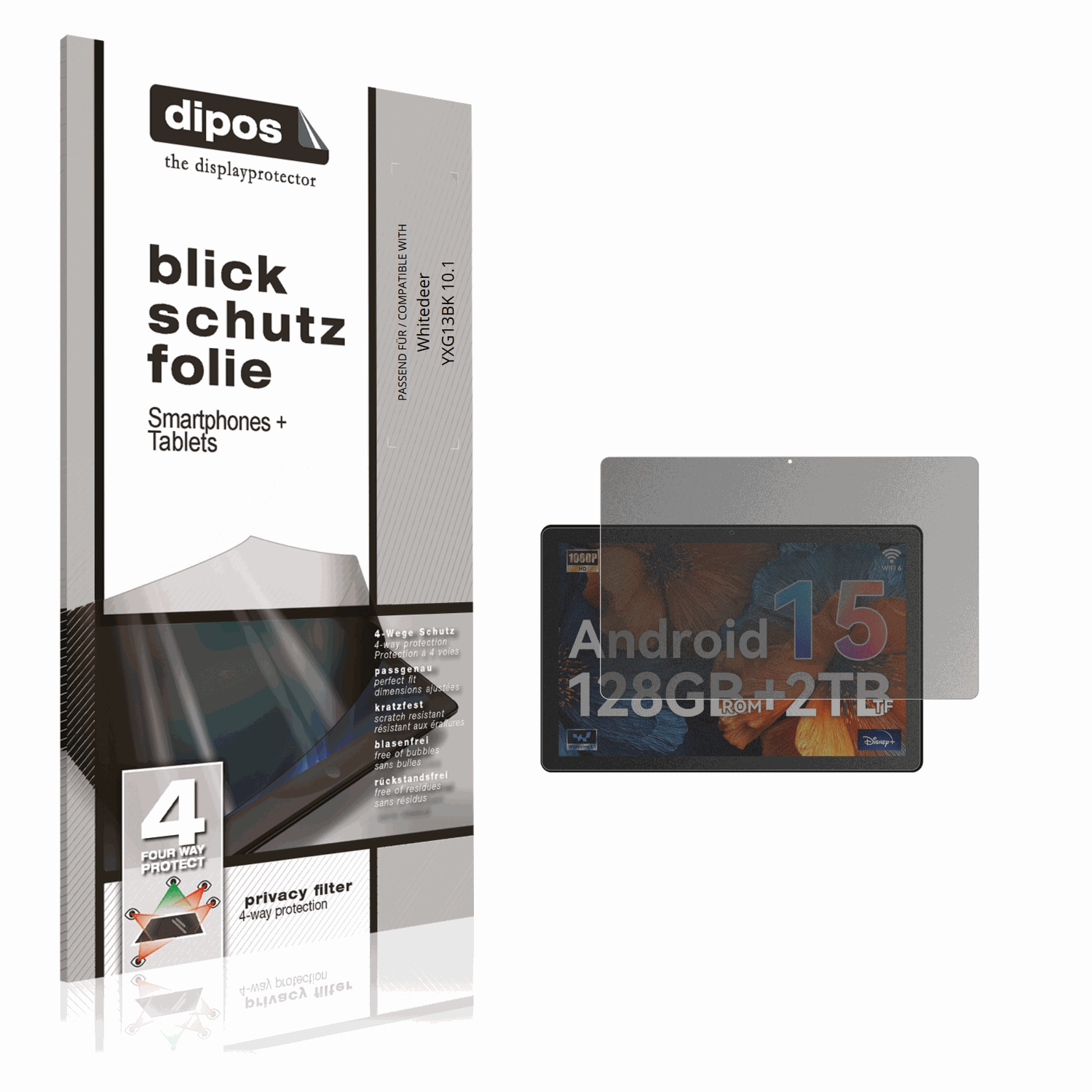 Blickschutzfolie von dipos passend für Whitedeer YXG13BK 10.1, präziser Zuschnitt und blasenfrei montiert
