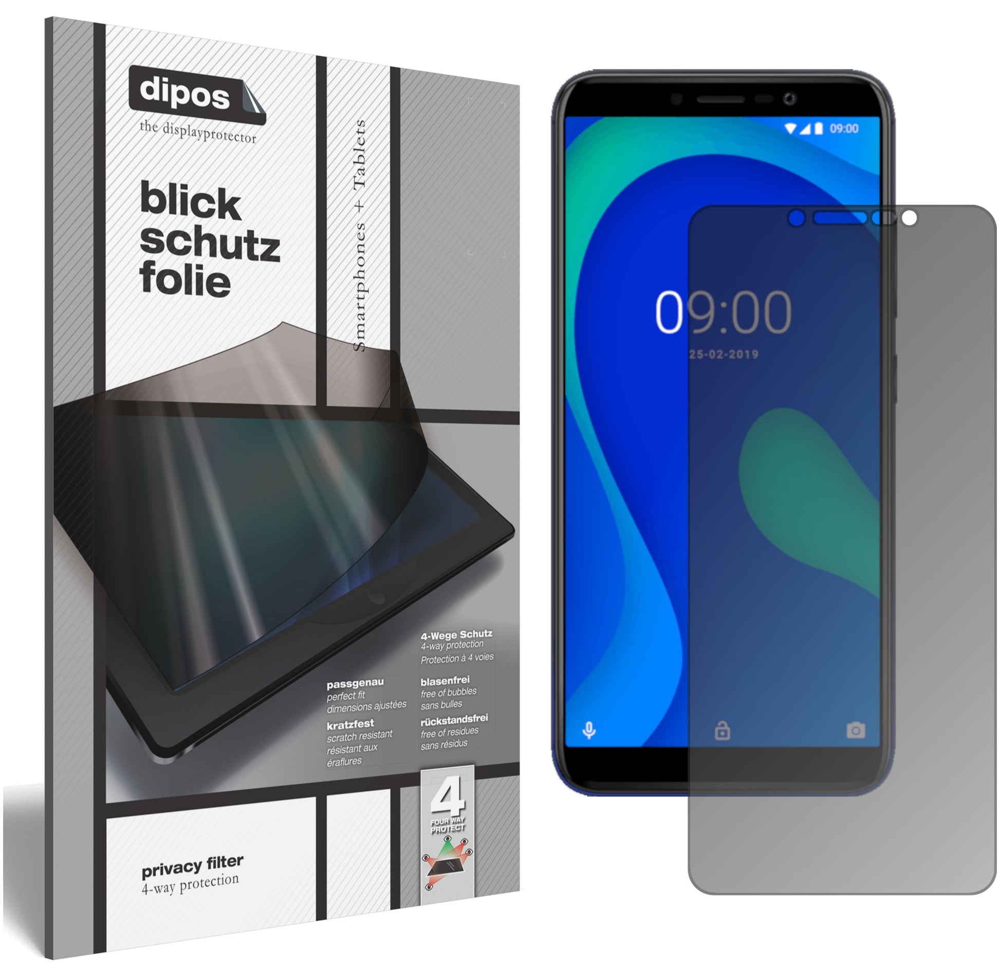 Blickschutzfolie von dipos passend für Wiko Y80, präziser Zuschnitt und blasenfrei montiert