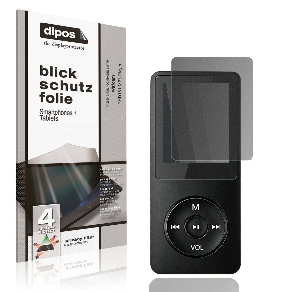 Blickschutzfolie von dipos passend für Witfoam SHD151 MP3-Player, präziser Zuschnitt und blasenfrei montiert