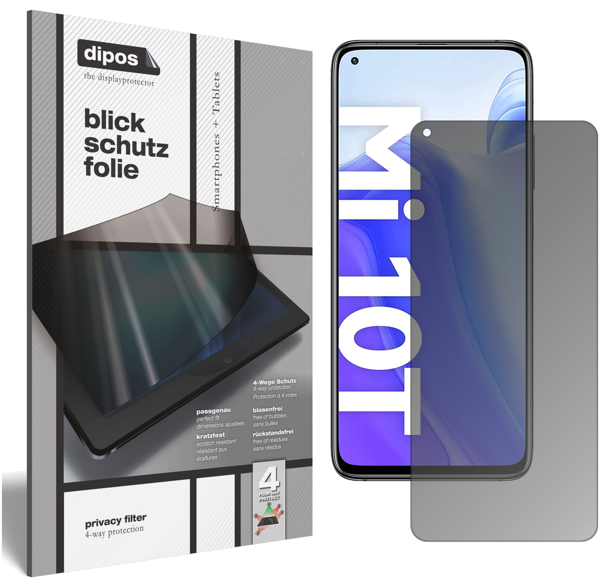 Blickschutzfolie von dipos passend für Xiaomi Mi 10T, präziser Zuschnitt und blasenfrei montiert