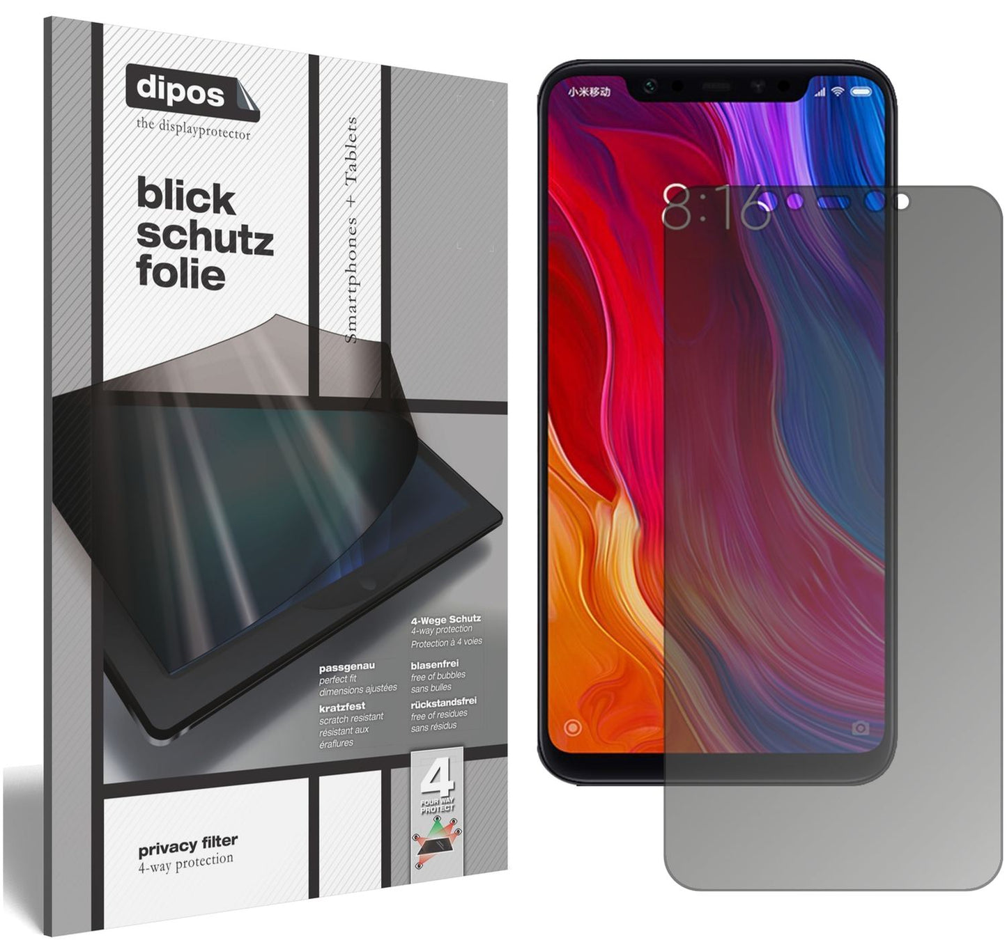Blickschutzfolie von dipos passend für Xiaomi Mi 8 SE, präziser Zuschnitt und blasenfrei montiert