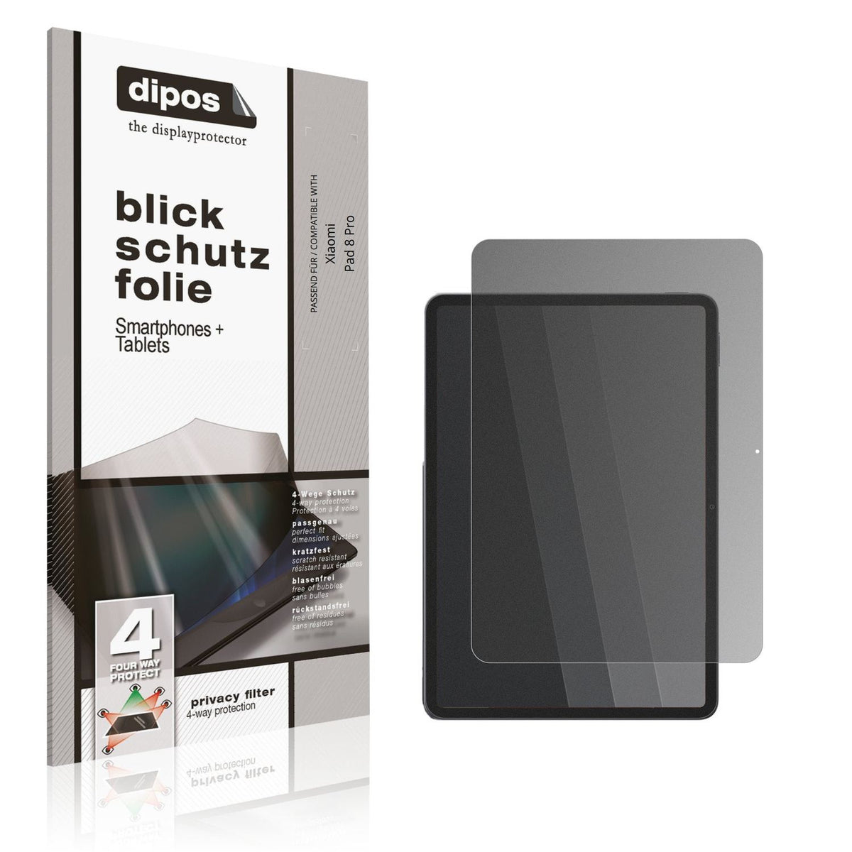 Blickschutzfolie von dipos passend für Xiaomi Pad 8 Pro, präziser Zuschnitt und blasenfrei montiert