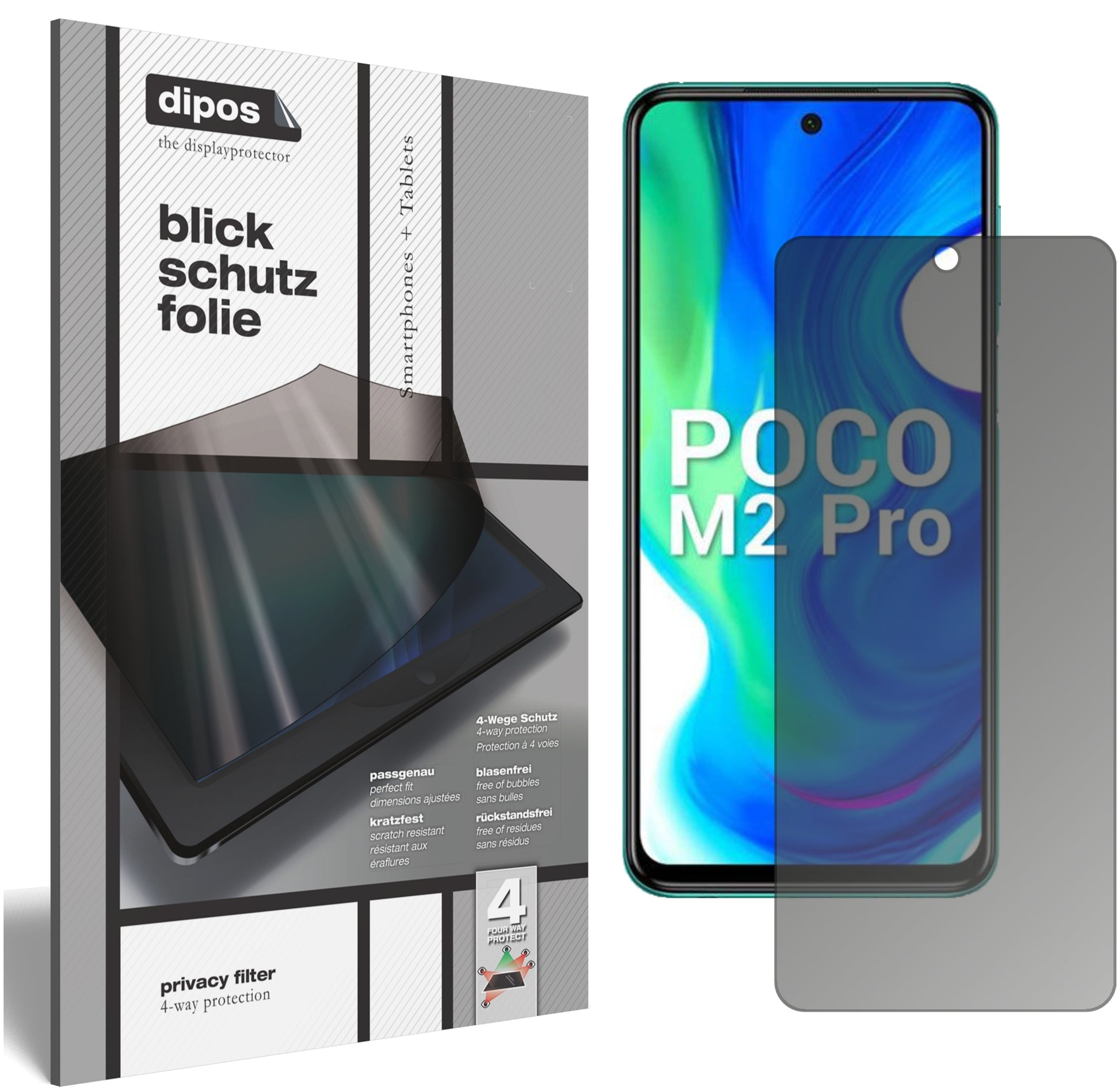 Blickschutzfolie von dipos passend für Xiaomi Poco M2 Pro, präziser Zuschnitt und blasenfrei montiert