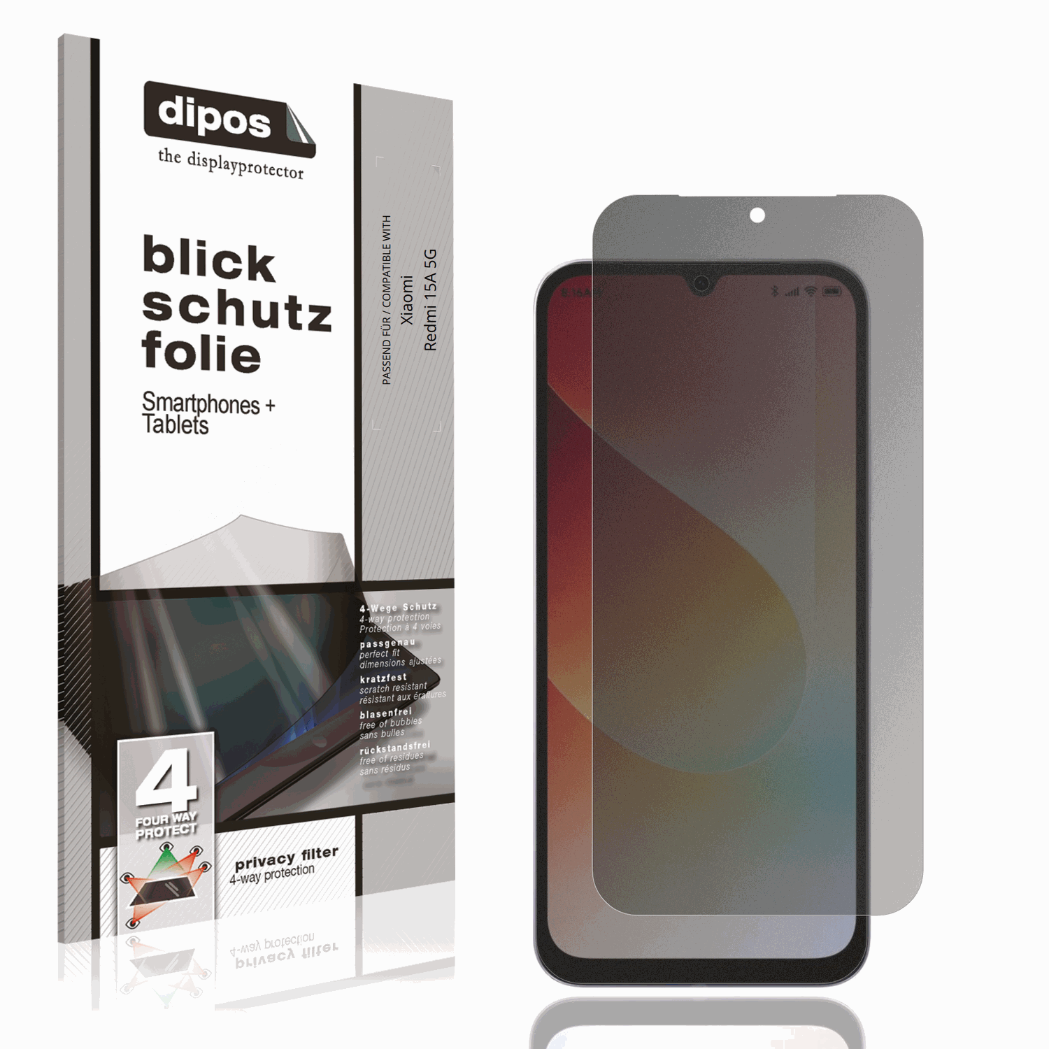 Blickschutzfolie von dipos passend für Xiaomi Redmi 15A 5G, präziser Zuschnitt und blasenfrei montiert