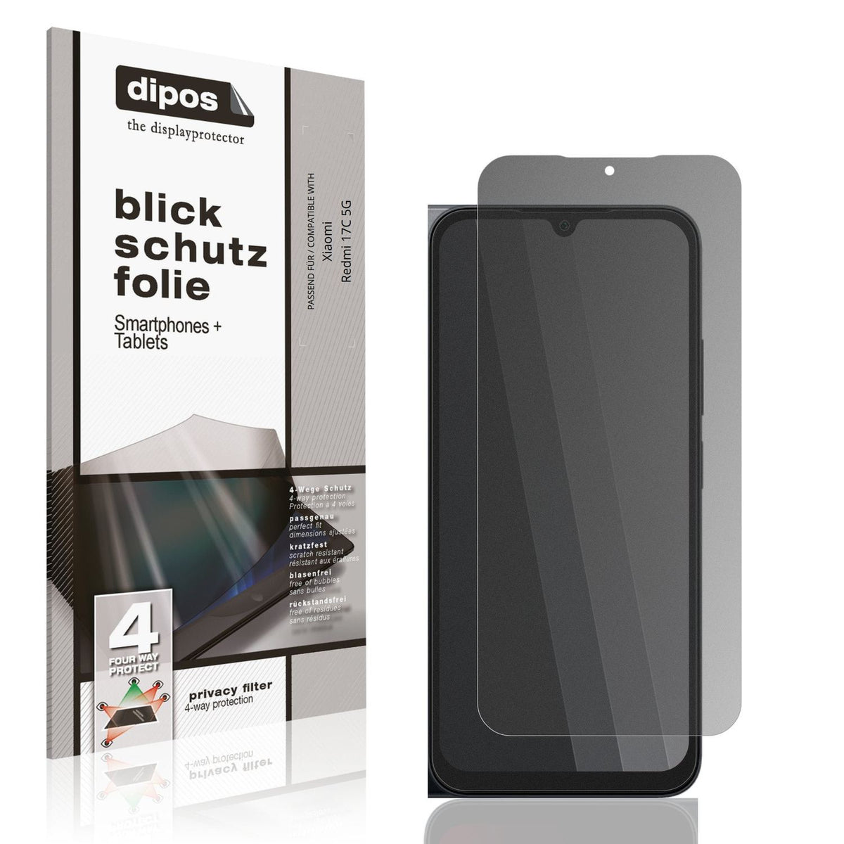 Blickschutzfolie von dipos passend für Xiaomi Redmi 17C 5G, präziser Zuschnitt und blasenfrei montiert