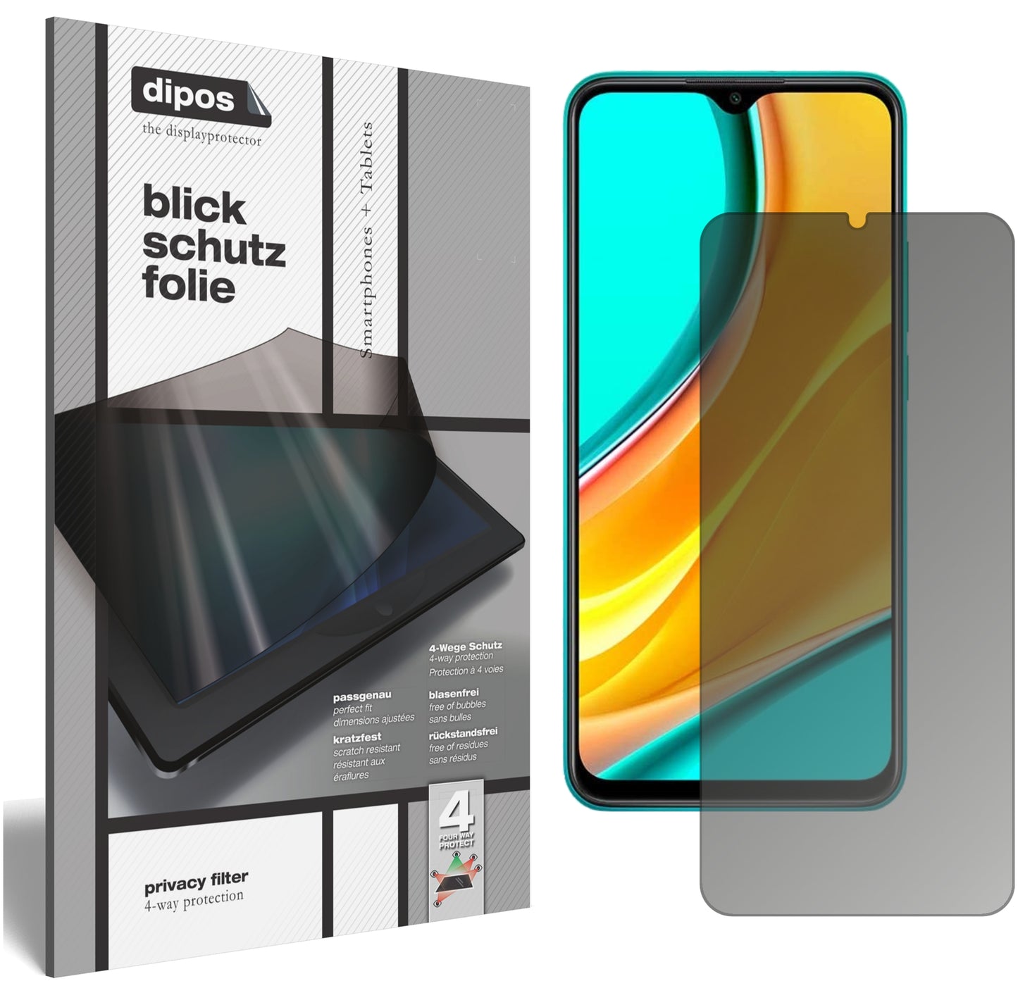 Blickschutzfolie von dipos passend für Xiaomi Redmi 9, präziser Zuschnitt und blasenfrei montiert