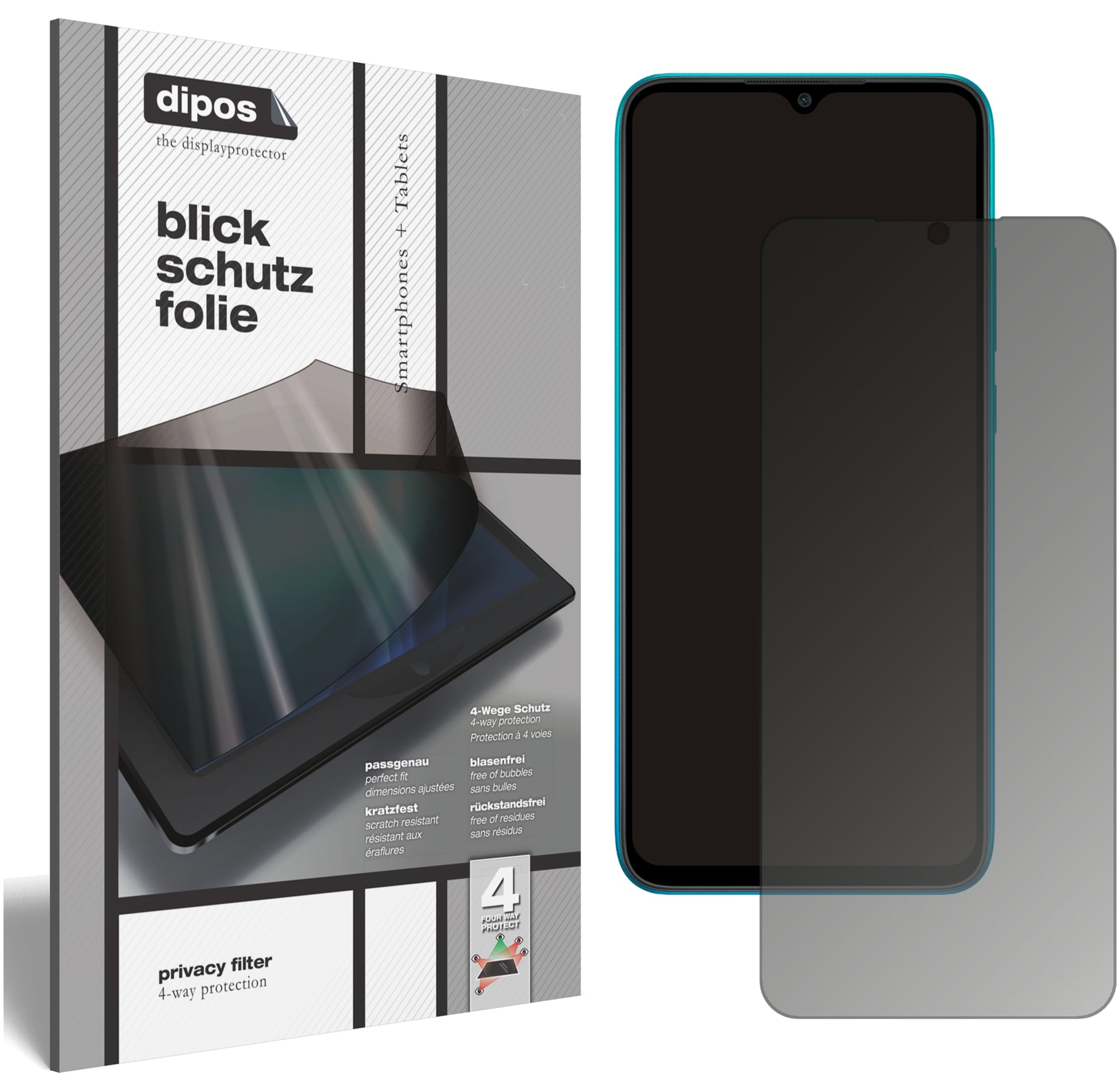 Blickschutzfolie von dipos passend für Xiaomi Redmi 9A Sport, präziser Zuschnitt und blasenfrei montiert