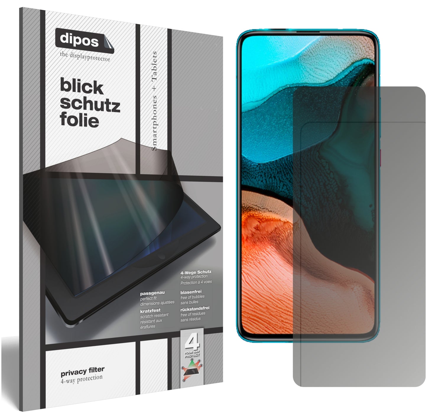 Blickschutzfolie von dipos passend für Xiaomi Redmi K30 Ultra, präziser Zuschnitt und blasenfrei montiert