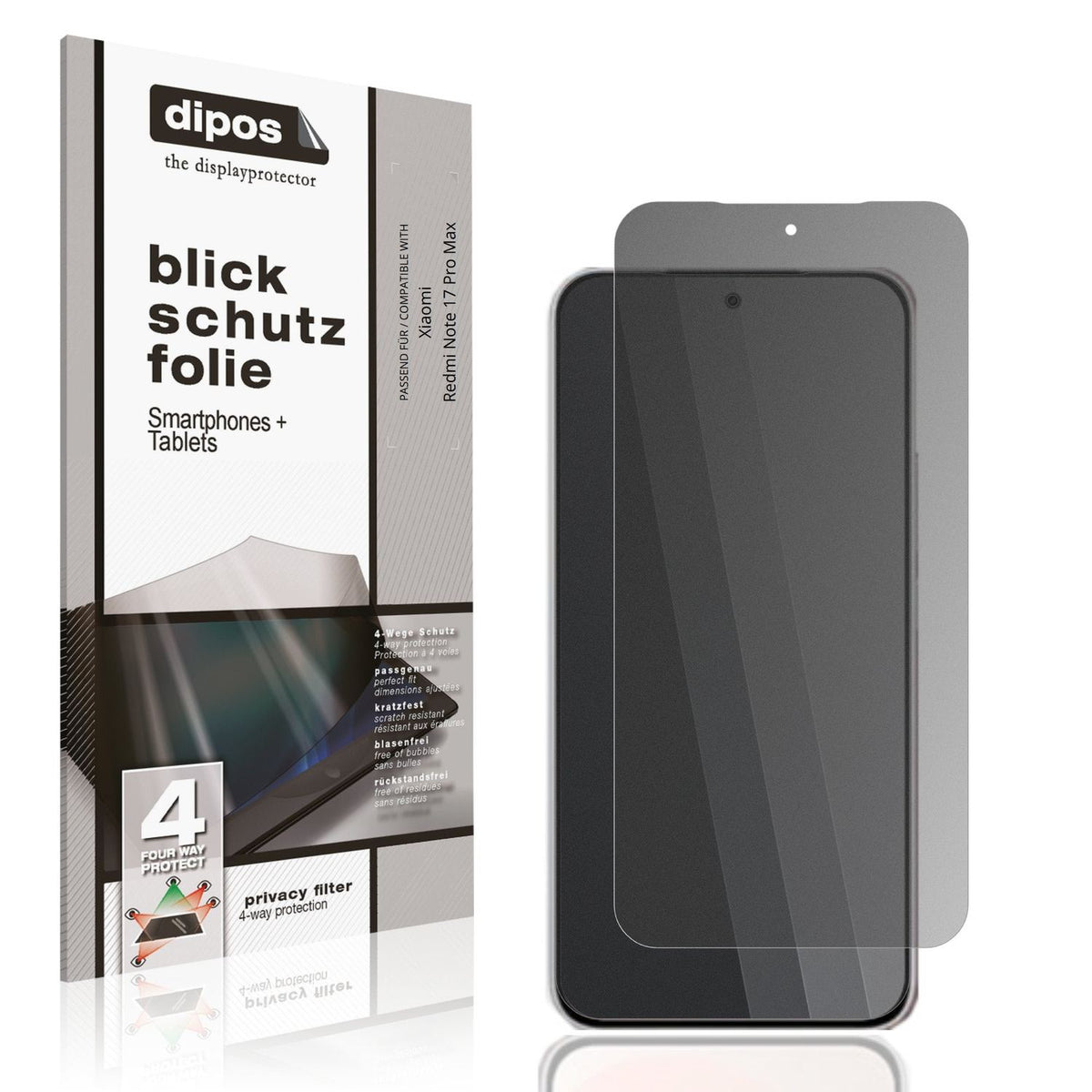 Blickschutzfolie von dipos passend für Xiaomi Redmi Note 17 Pro Max, präziser Zuschnitt und blasenfrei montiert