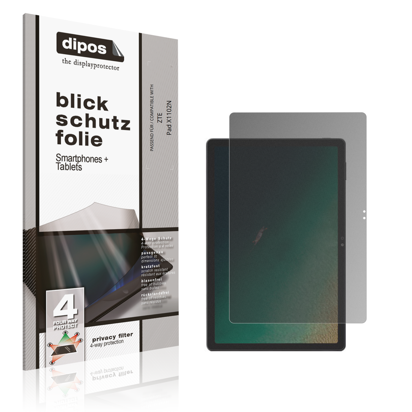 Blickschutzfolie von dipos passend für ZTE Pad X1102N, präziser Zuschnitt und blasenfrei montiert