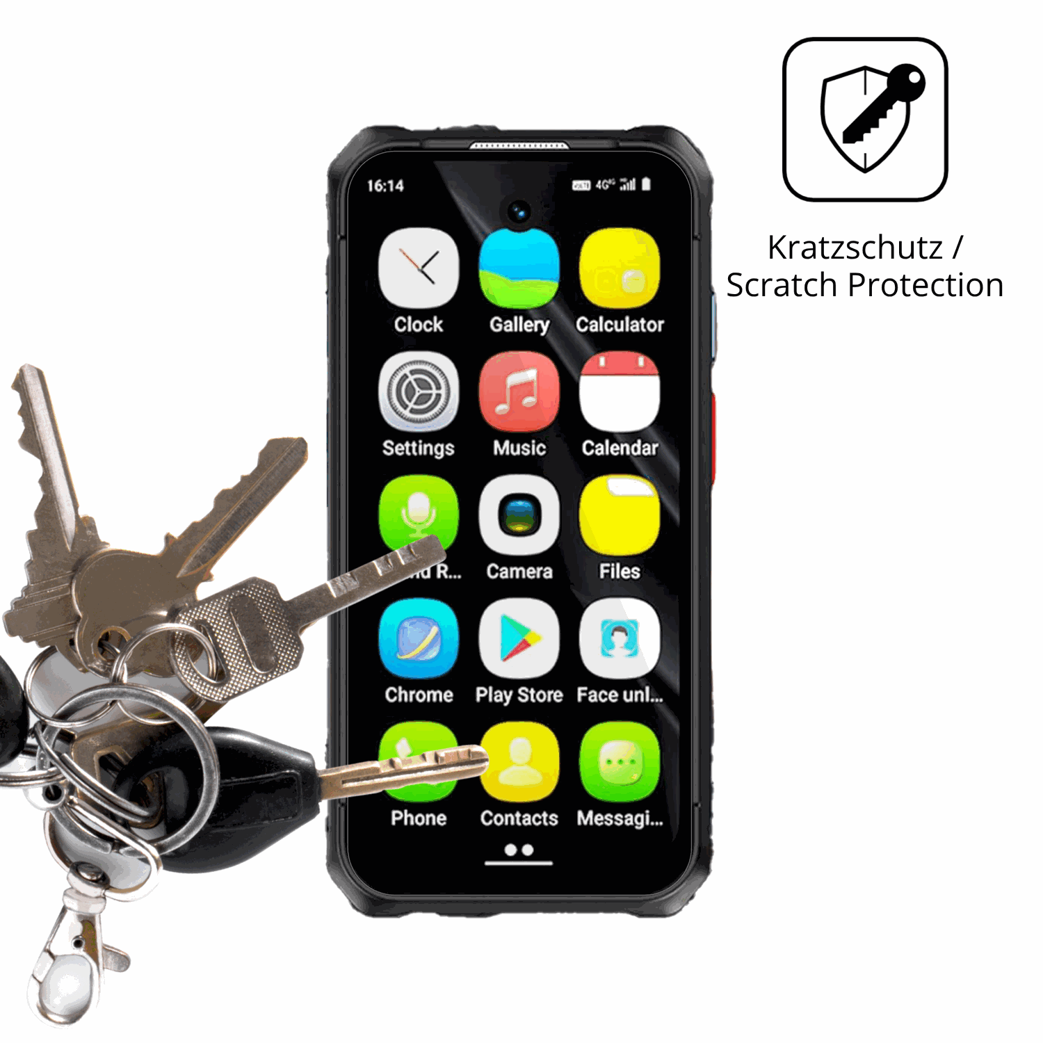Schutz gegen Kratzer auf dem BLKE Max Mini-Smartphone 3.7 Zoll Glas durch Schlüssel oder Ähnliches