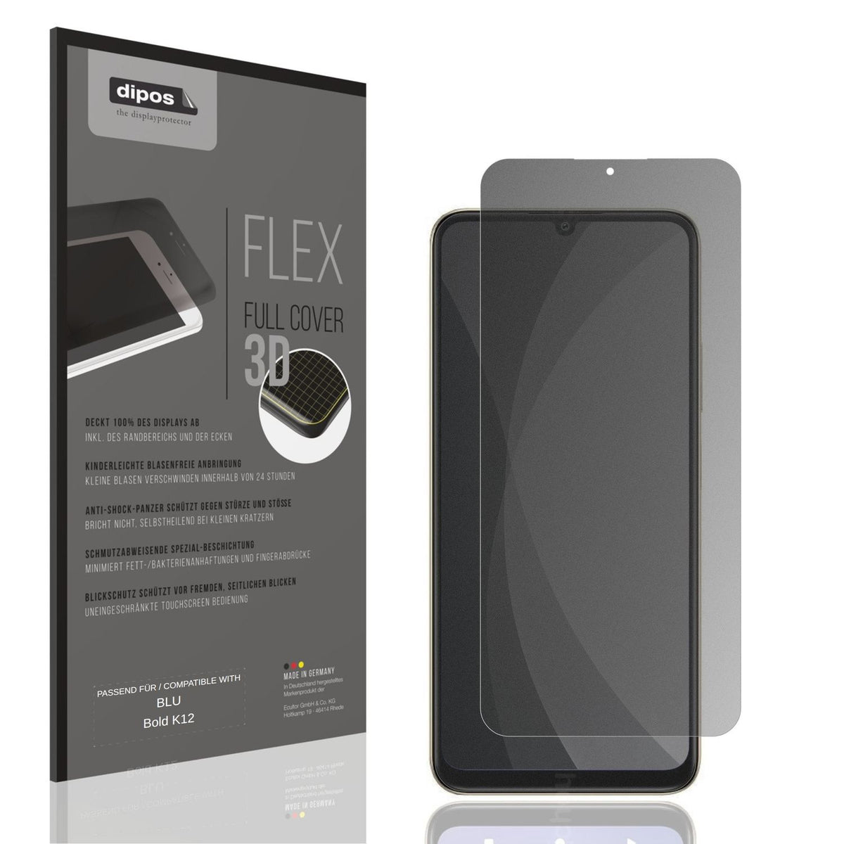 Blickschutzfolie von dipos passend für BLU Bold K12, 100% Displayabdeckung und blasenfreie Montage