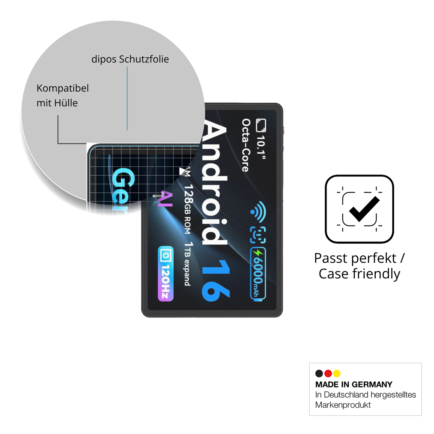 Schutzfolie mit optimaler Passform, zur Verwendung mit Hüllen geeignet
