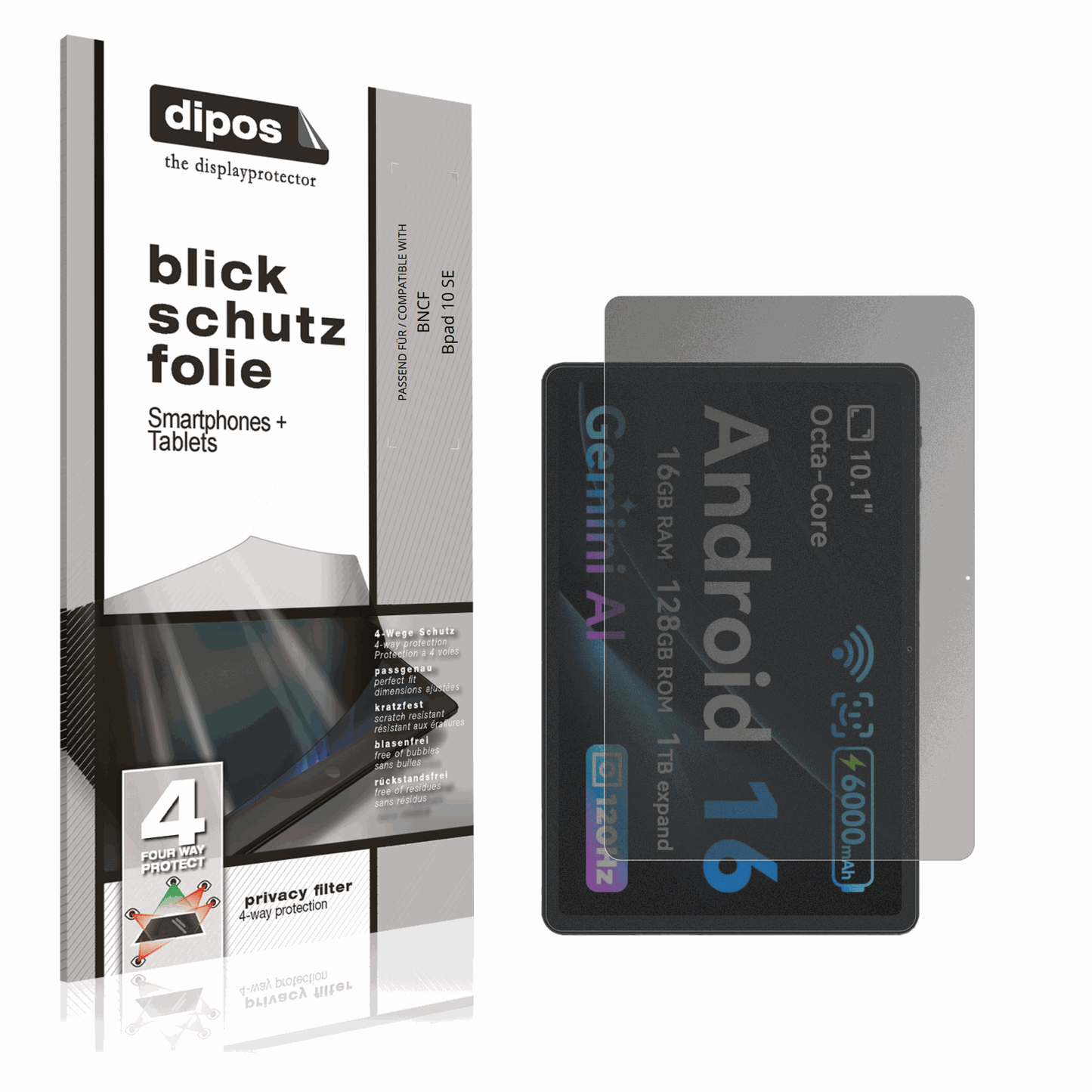 Blickschutzfolie von dipos passend für BNCF Bpad 10 SE, präziser Zuschnitt und blasenfrei montiert