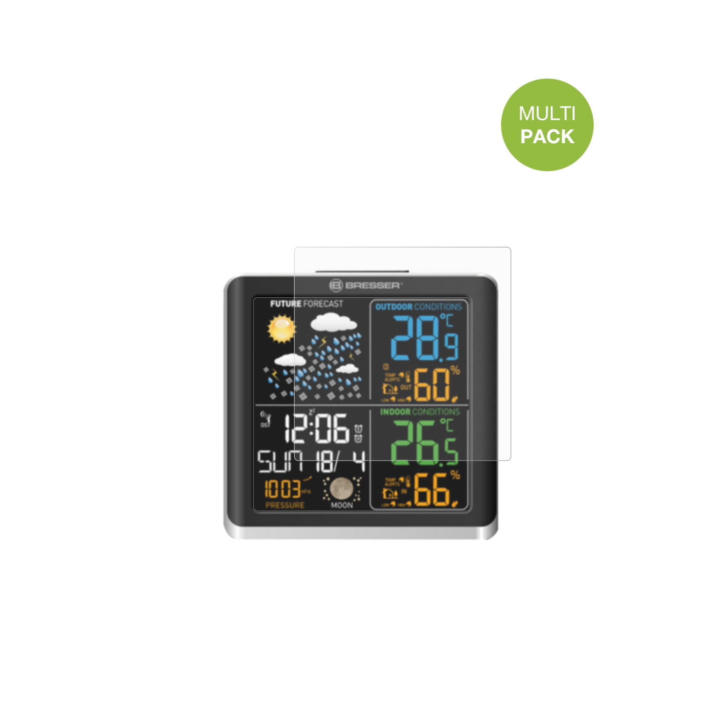 BresserClimaTemp Digital mit aufgebrachter dipos Displayschutzfolie, die lästige Fingerabdrücke minimiert