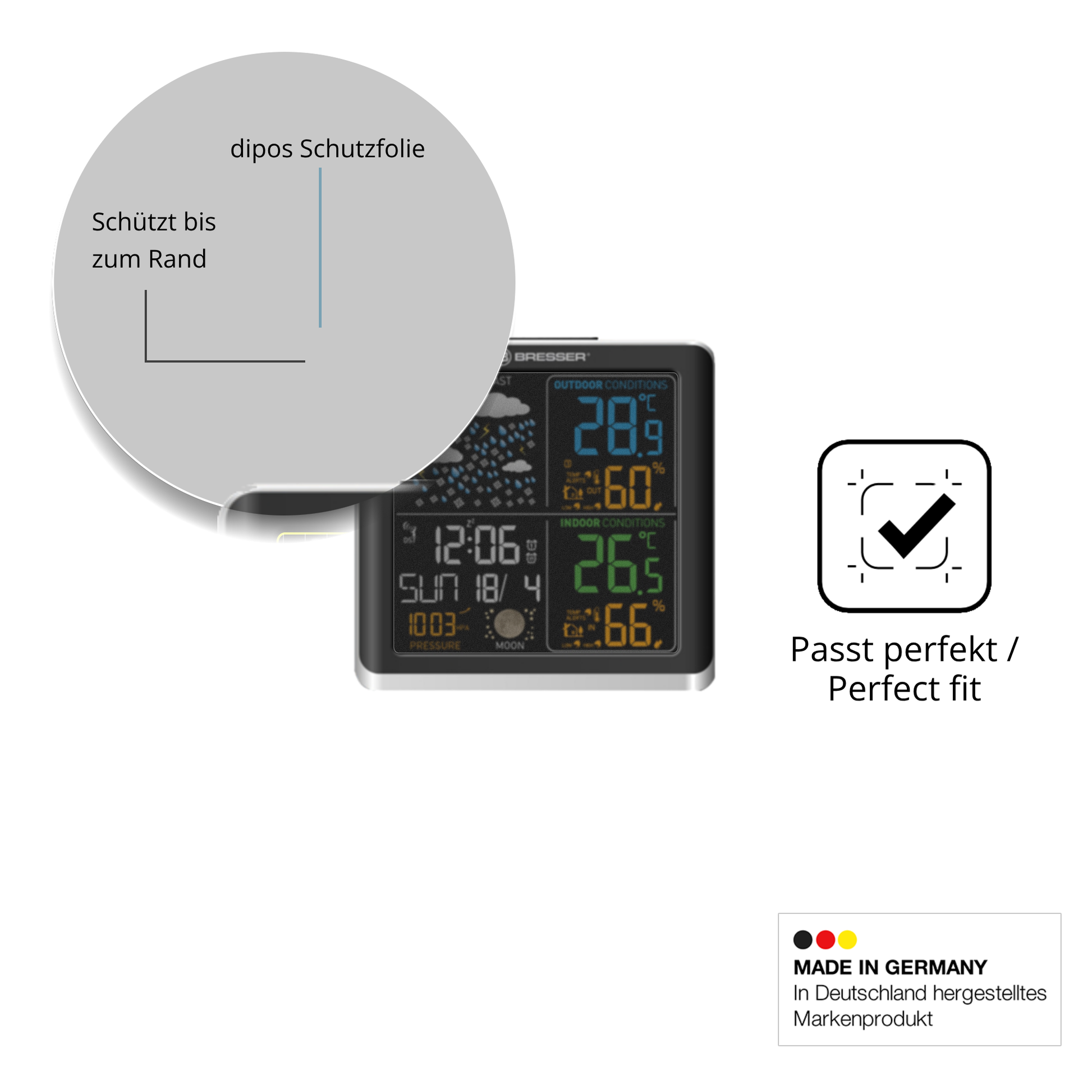 Schutz gegen Kratzer auf dem Bresser ClimaTemp Digital Glas durch Schlüssel oder Ähnliches