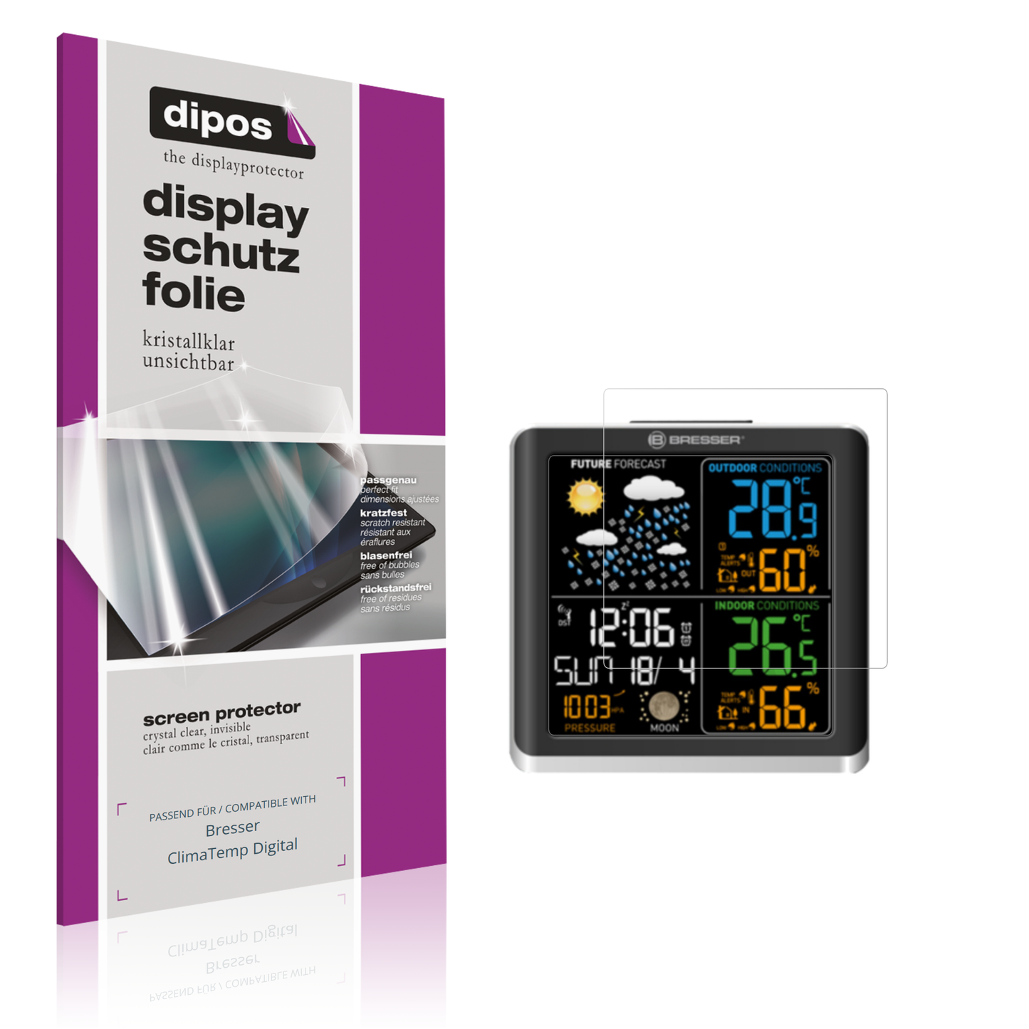 Klare Displayschutzfolie von dipos passend für Bresser ClimaTemp Digital, präziser Zuschnitt und blasenfrei montiert