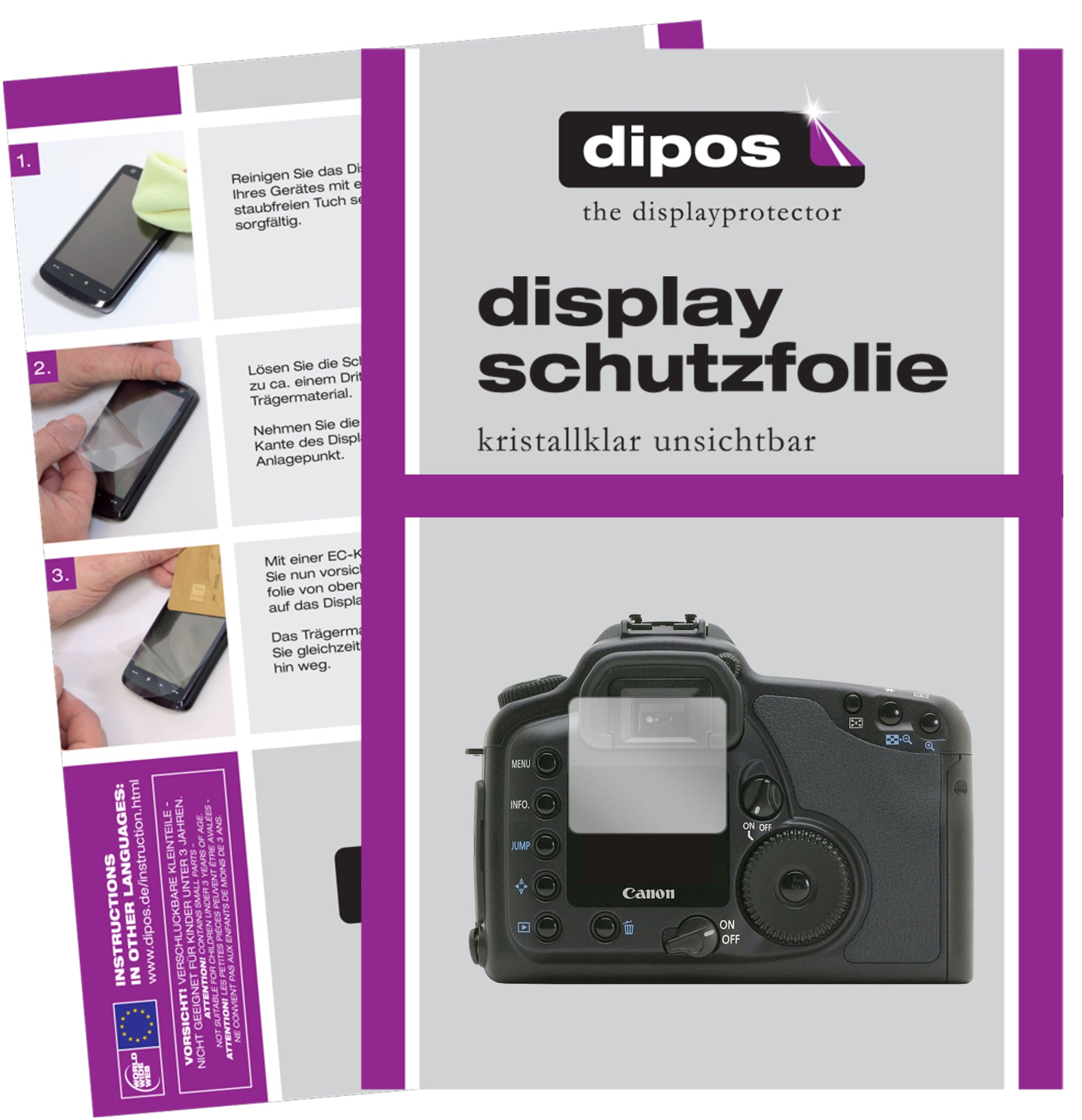 Klare Displayschutzfolie von dipos passend für Canon Eos 10D, präziser Zuschnitt und blasenfrei montiert