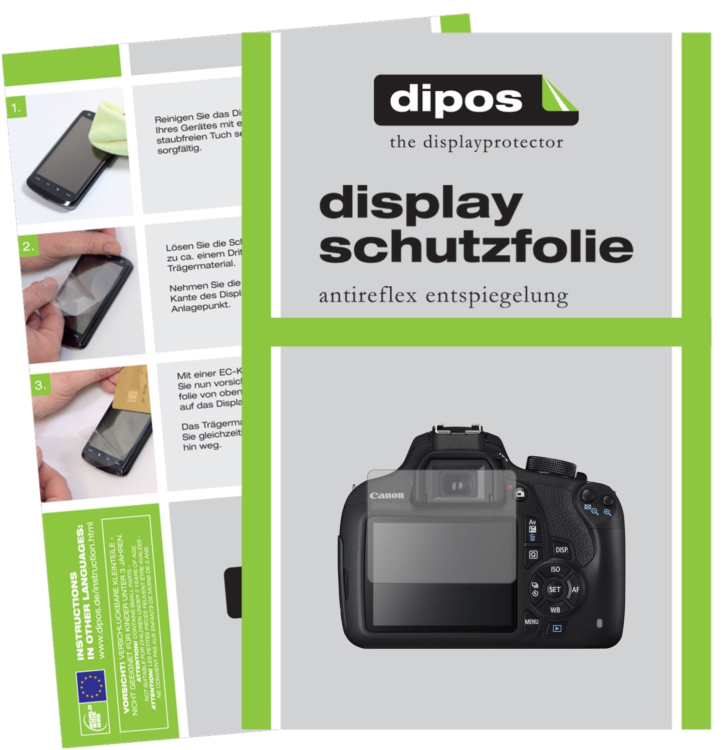 Matte Displayschutzfolie von dipos passend für Canon EOS 1200D, präziser Zuschnitt und blasenfrei montiert