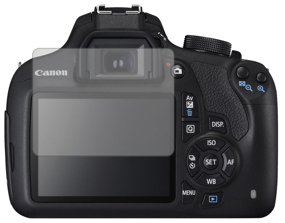 CanonEOS 1200D mit aufgebrachter dipos Displayschutzfolie, die lästige Fingerabdrücke minimiert