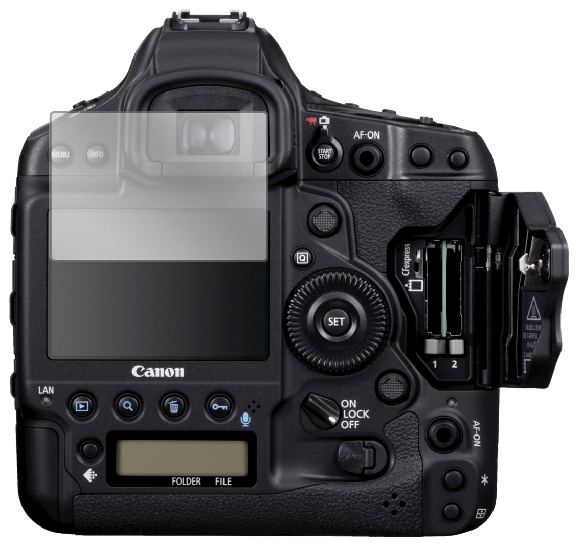 CanonEos 1DX Mark III mit aufgebrachter dipos Displayschutzfolie, glasklare Darstellung ohne Einschränkungen