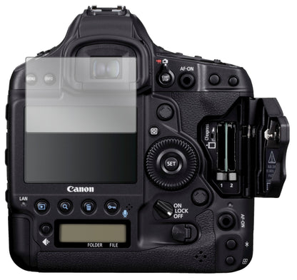 CanonEos 1DX Mark III mit aufgebrachter dipos Displayschutzfolie, glasklare Darstellung ohne Einschränkungen