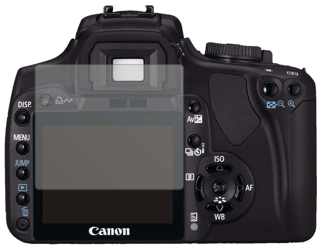 CanonEOS 400D mit aufgebrachter dipos Displayschutzfolie, die lästige Fingerabdrücke minimiert