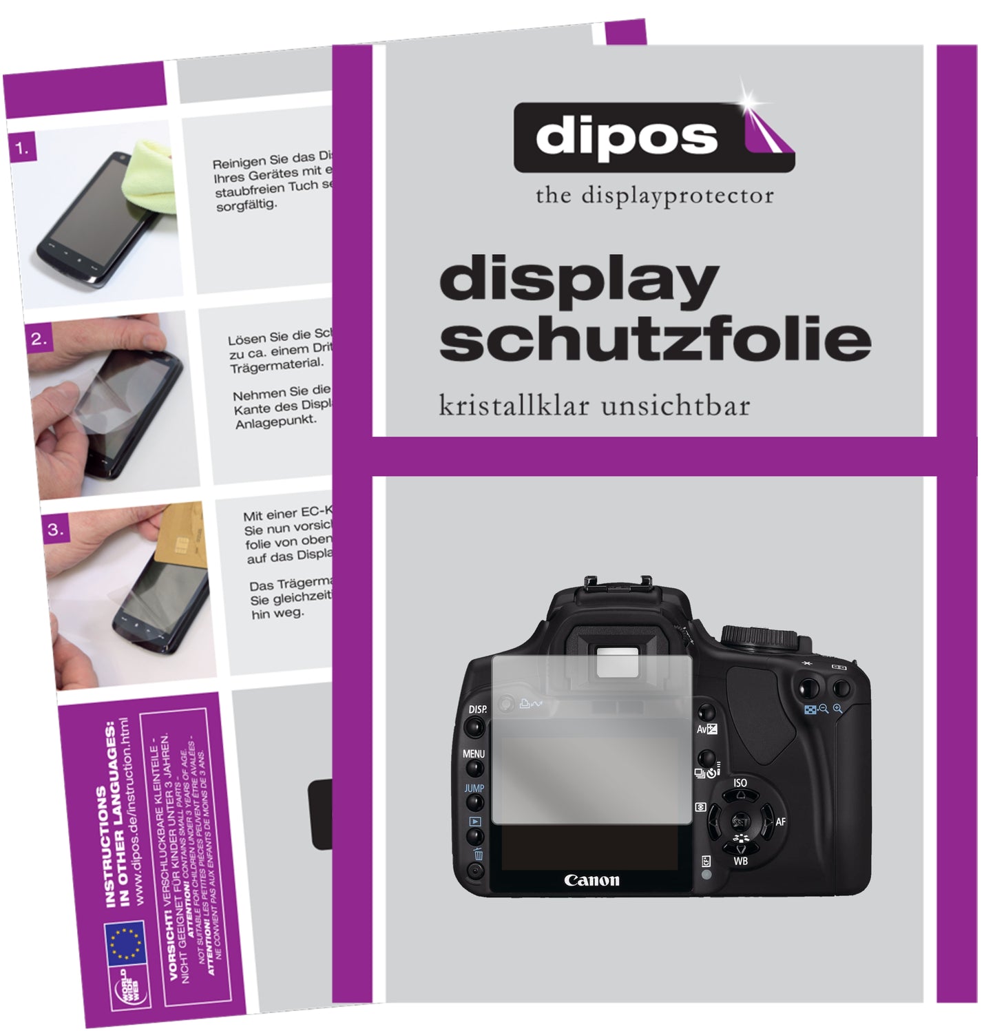 Klare Displayschutzfolie von dipos passend für Canon EOS 400D, präziser Zuschnitt und blasenfrei montiert