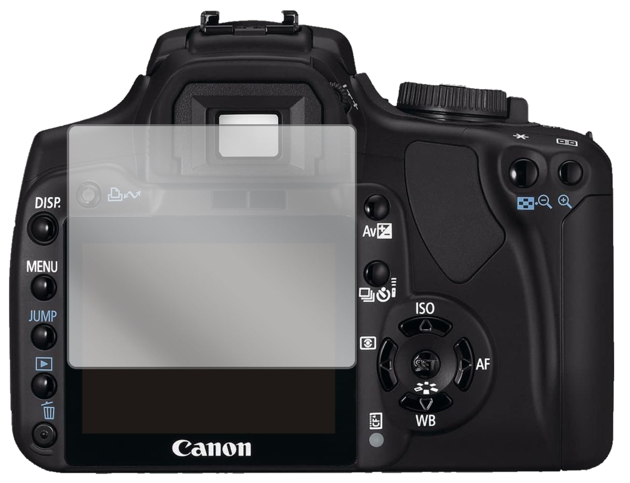CanonEOS 400D mit aufgebrachter dipos Displayschutzfolie, glasklare Darstellung ohne Einschränkungen