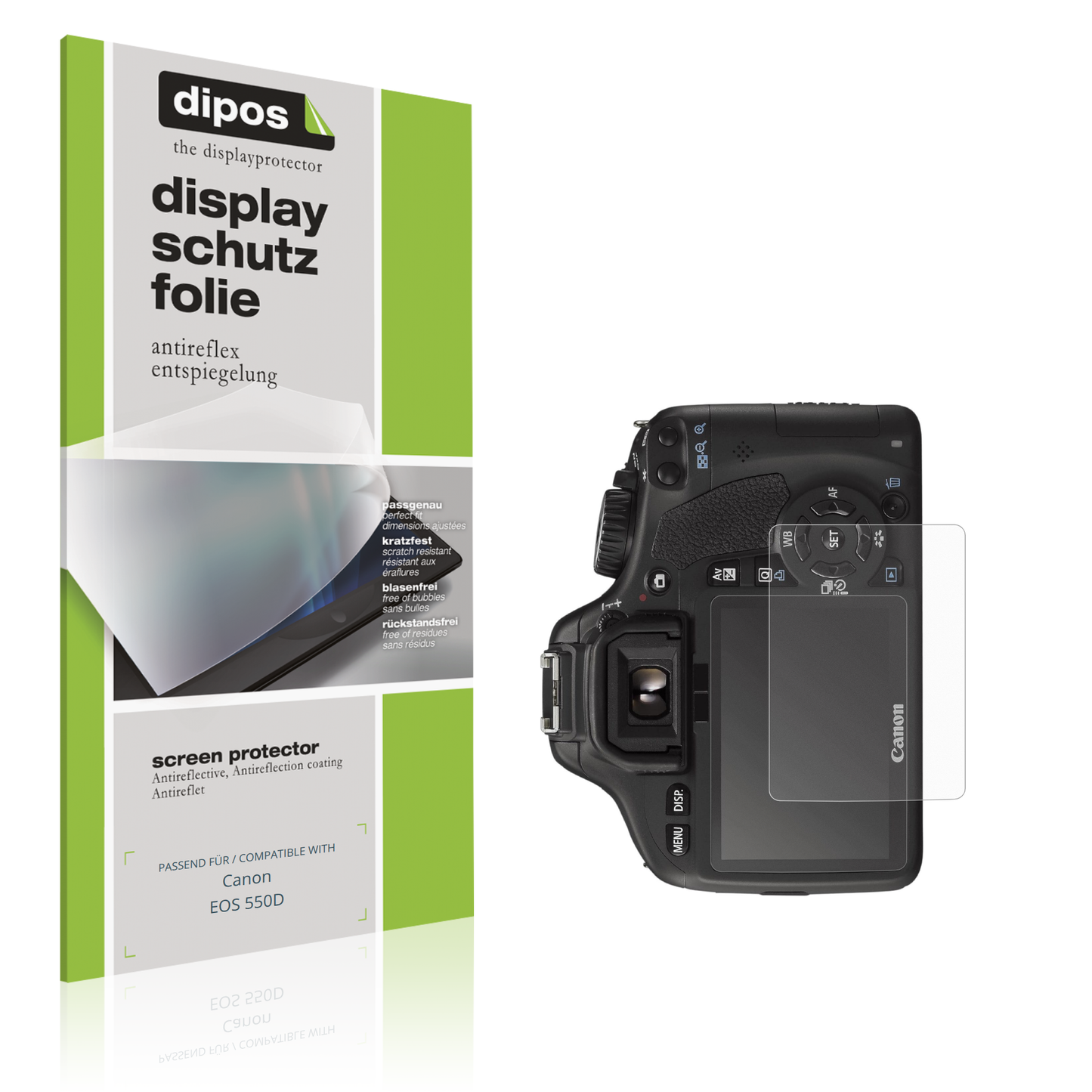 Matte Displayschutzfolie von dipos passend für Canon EOS 550D, präziser Zuschnitt und blasenfrei montiert