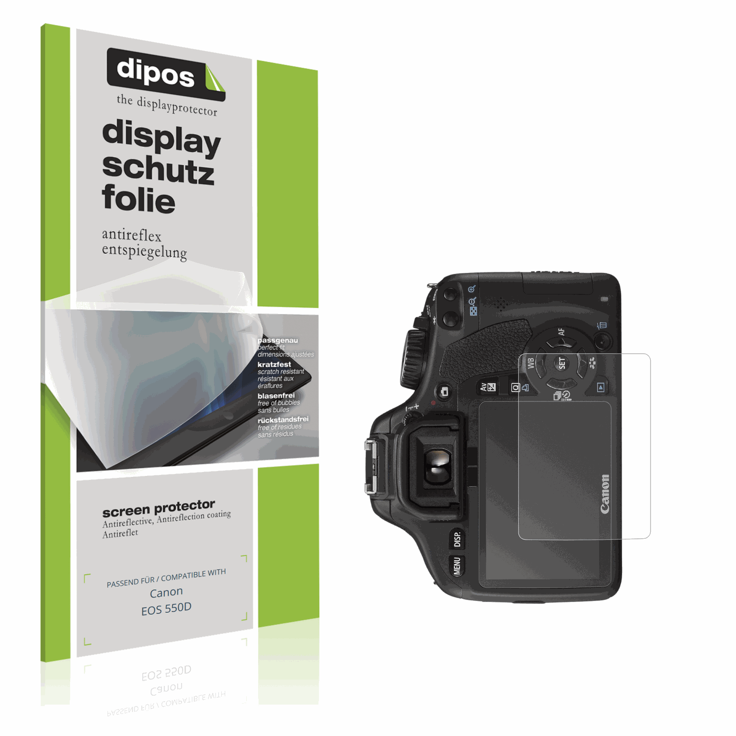 Matte Displayschutzfolie von dipos passend für Canon EOS 550D, präziser Zuschnitt und blasenfrei montiert