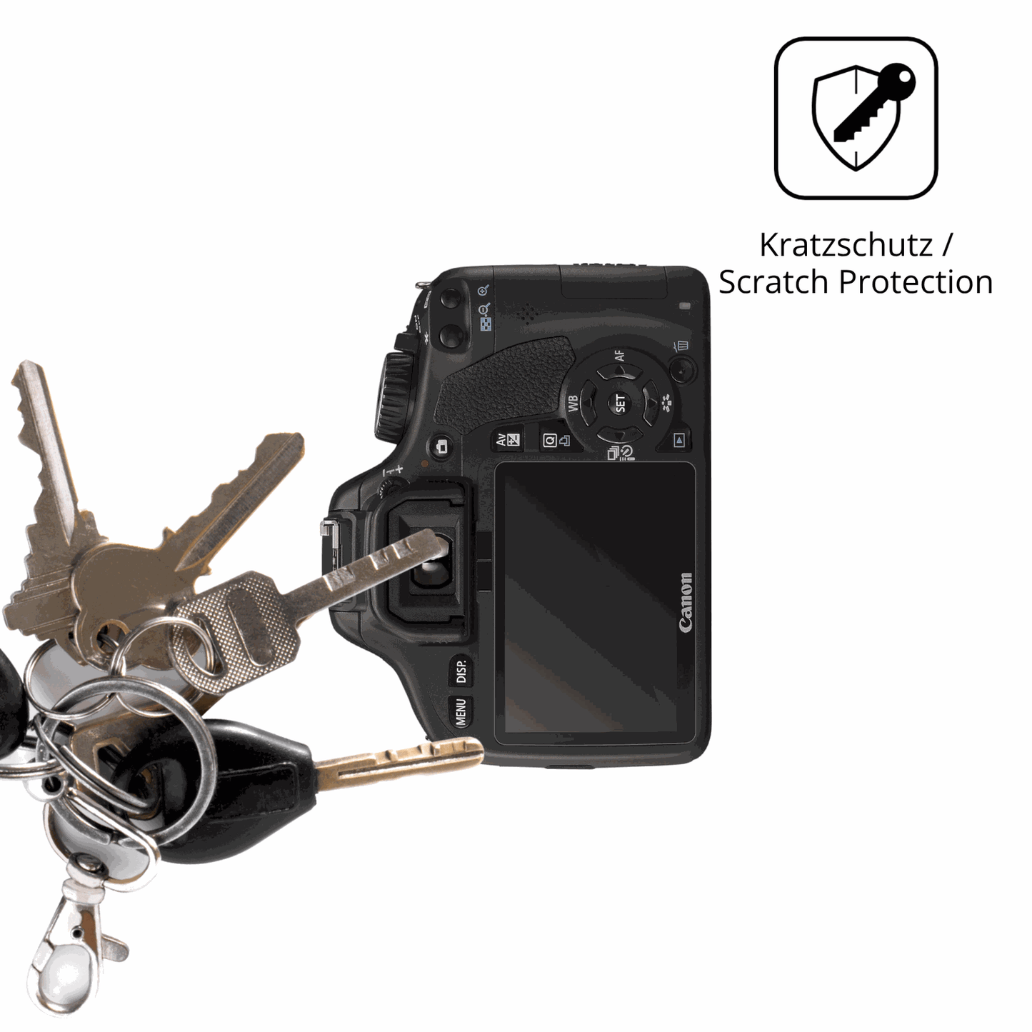 Schutz gegen Kratzer auf dem Canon EOS 550D Glas durch Schlüssel oder Ähnliches